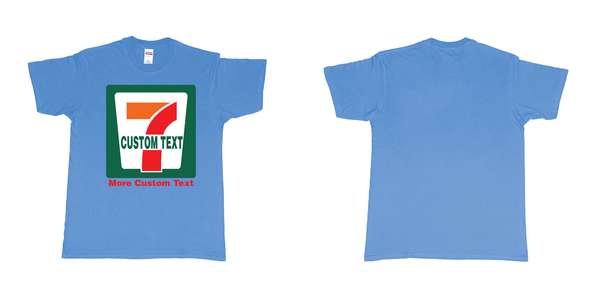 Custom tshirt design 7 eleven custom logo own print text bali in fabric color carolina-blue choice your own text made in Bali by The Pirate Way