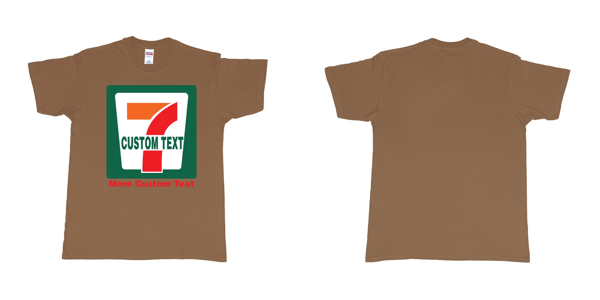 Custom tshirt design 7 eleven custom logo own print text bali in fabric color chestnut choice your own text made in Bali by The Pirate Way