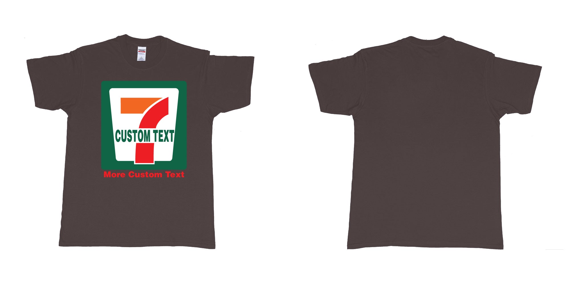 Custom tshirt design 7 eleven custom logo own print text bali in fabric color dark-chocolate choice your own text made in Bali by The Pirate Way
