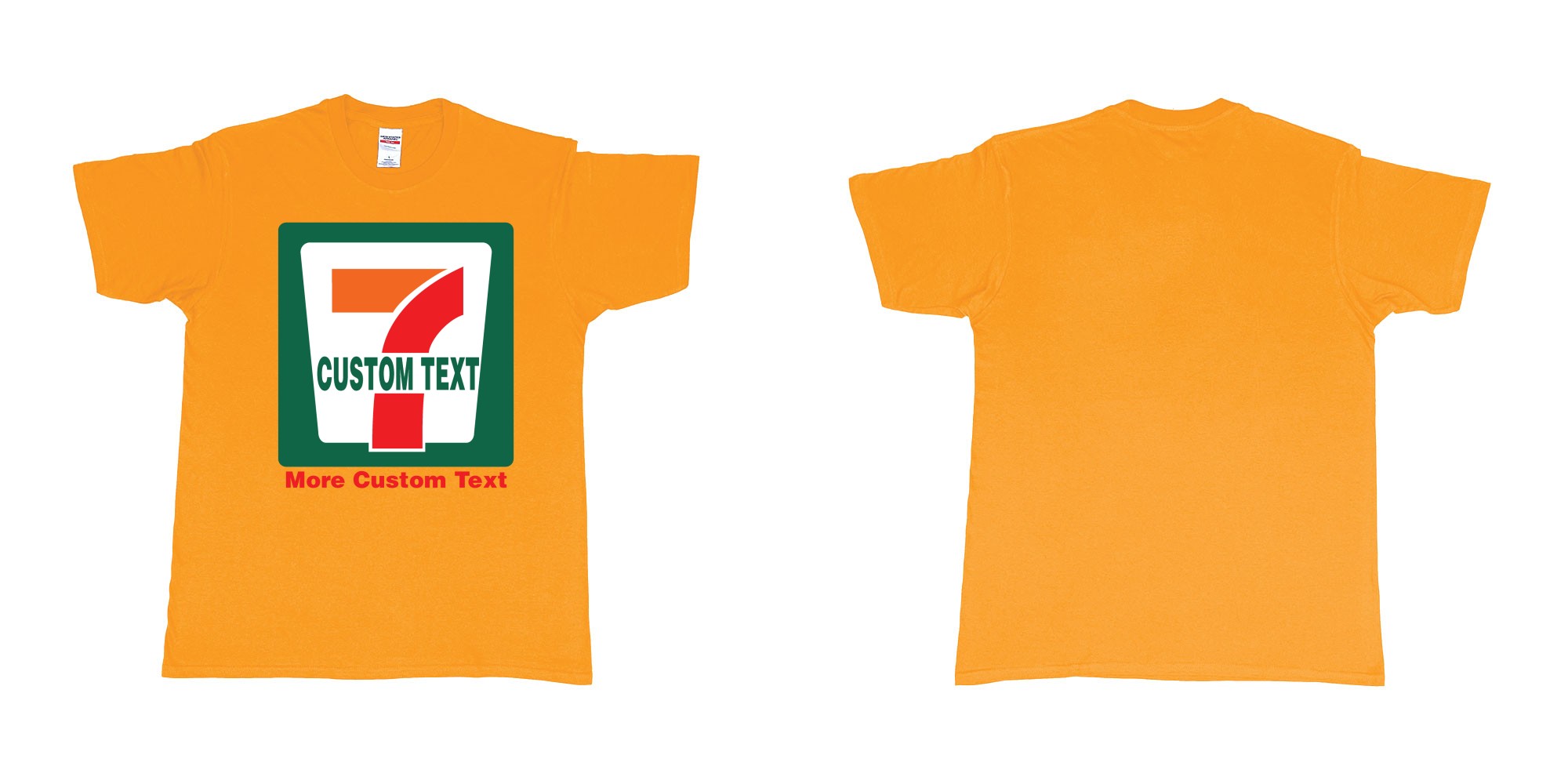 Custom tshirt design 7 eleven custom logo own print text bali in fabric color gold choice your own text made in Bali by The Pirate Way