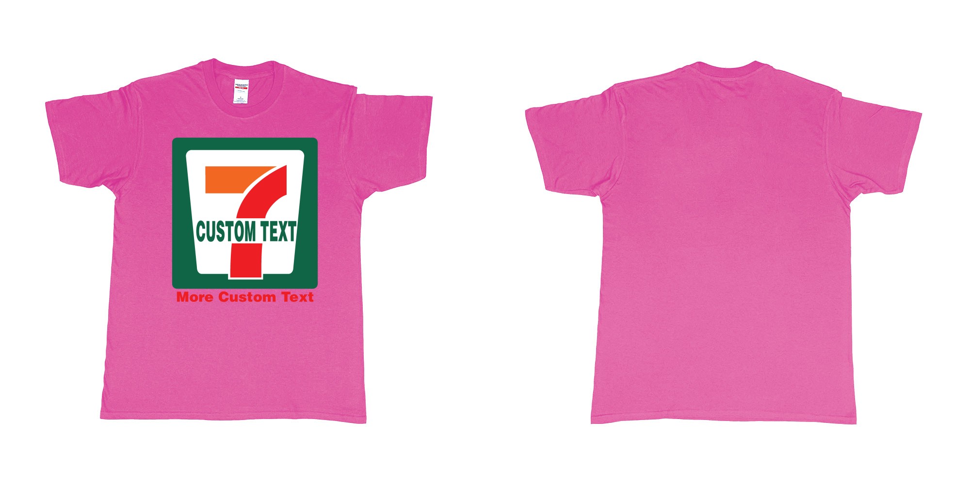 Custom tshirt design 7 eleven custom logo own print text bali in fabric color heliconia choice your own text made in Bali by The Pirate Way
