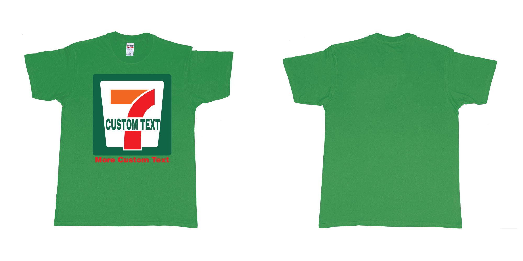 Custom tshirt design 7 eleven custom logo own print text bali in fabric color irish-green choice your own text made in Bali by The Pirate Way