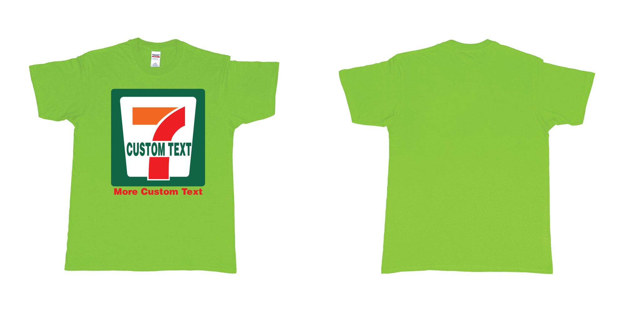 Custom tshirt design 7 eleven custom logo own print text bali in fabric color lime choice your own text made in Bali by The Pirate Way