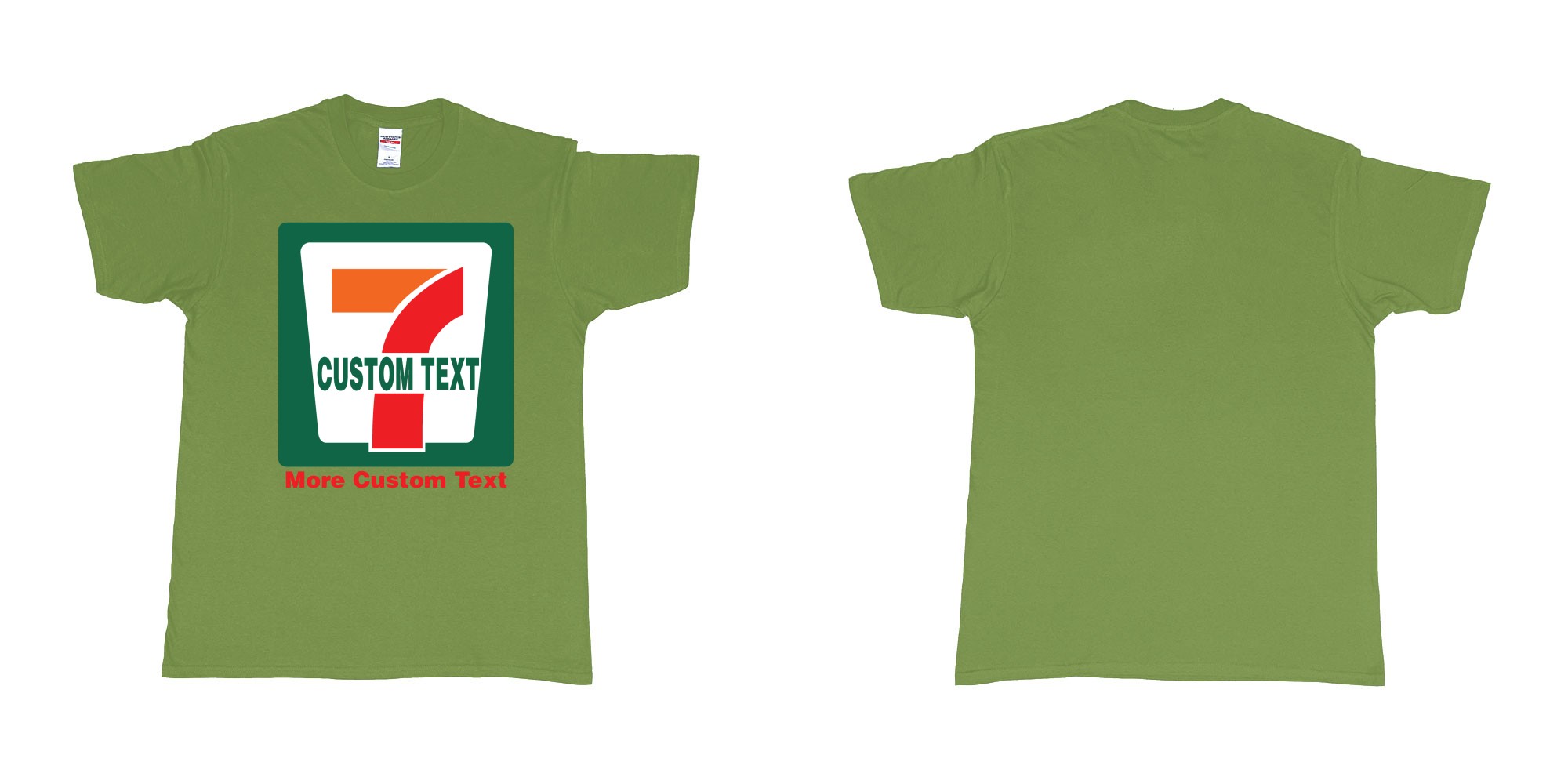 Custom tshirt design 7 eleven custom logo own print text bali in fabric color military-green choice your own text made in Bali by The Pirate Way