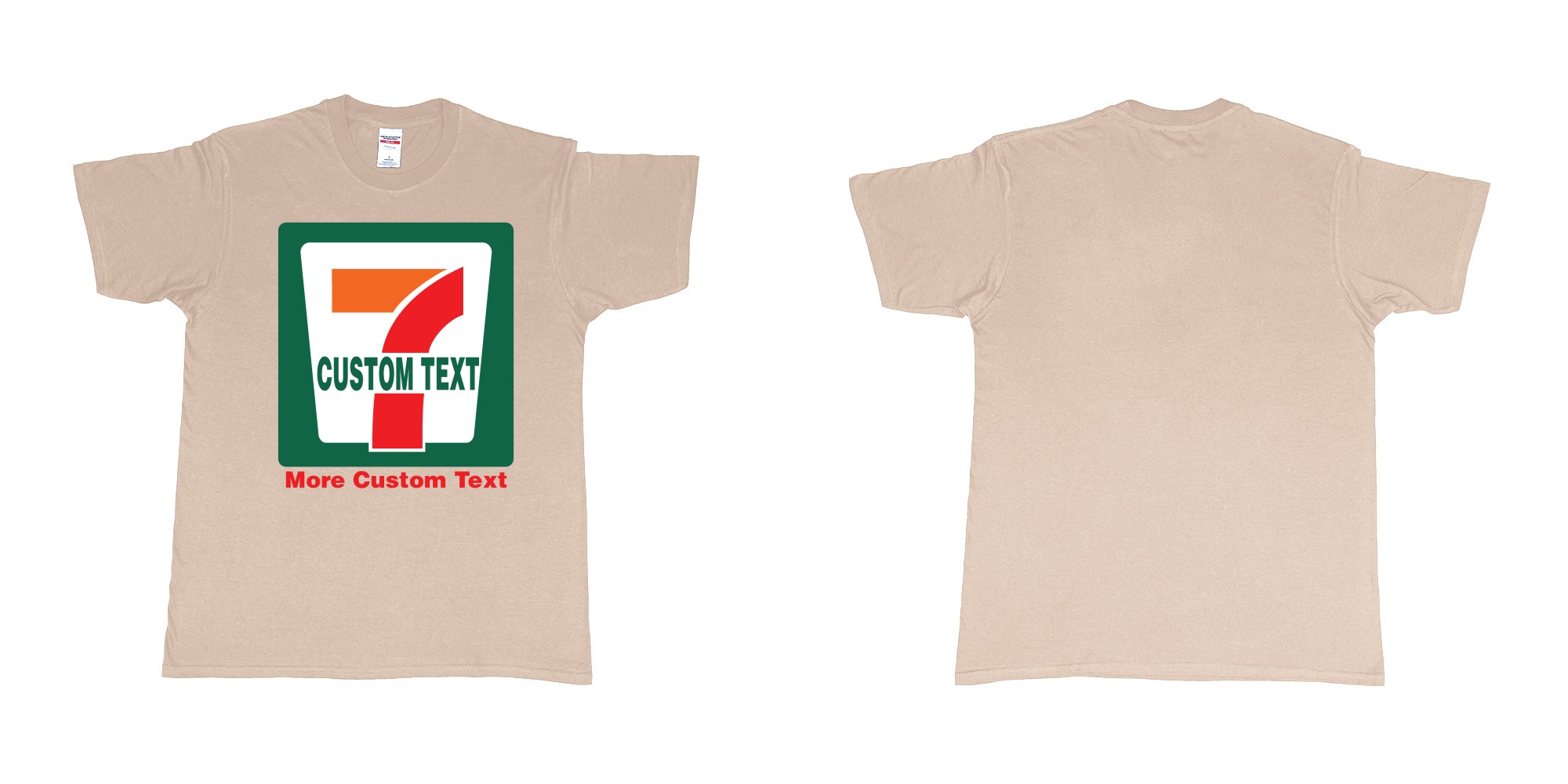 Custom tshirt design 7 eleven custom logo own print text bali in fabric color sand choice your own text made in Bali by The Pirate Way