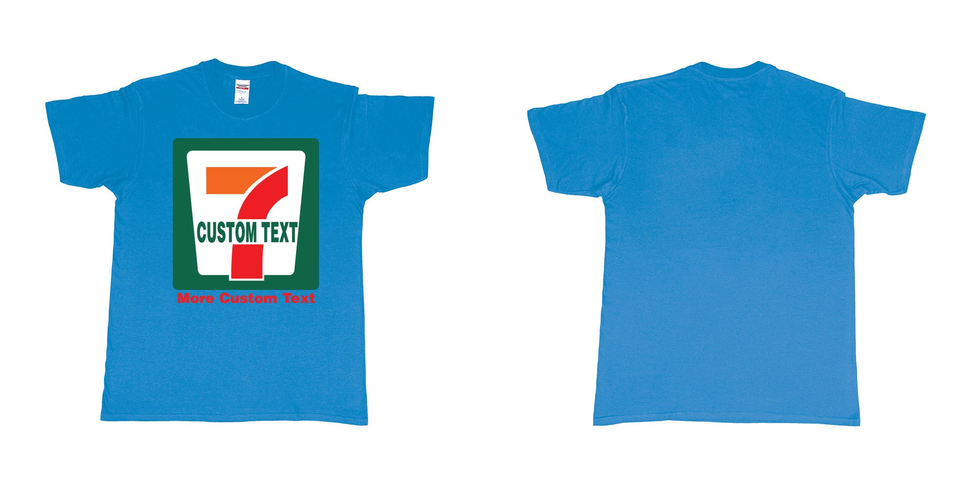 Custom tshirt design 7 eleven custom logo own print text bali in fabric color sapphire choice your own text made in Bali by The Pirate Way