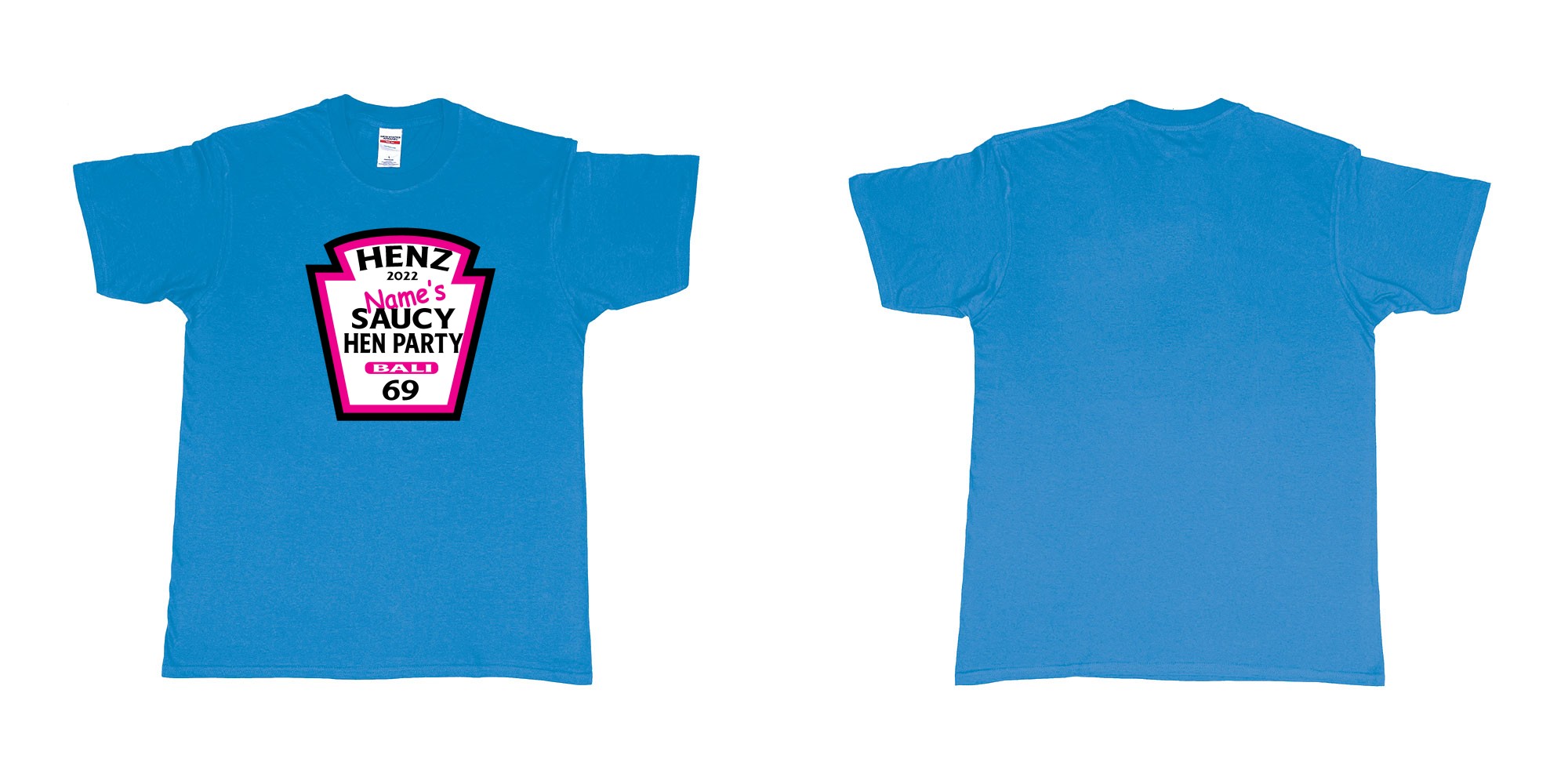 Custom tshirt design TPW Heinz ketchup hen night in fabric color sapphire choice your own text made in Bali by The Pirate Way