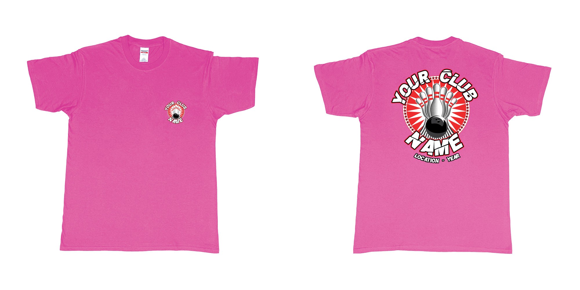 Custom tshirt design TPW strike bowling in fabric color heliconia choice your own text made in Bali by The Pirate Way