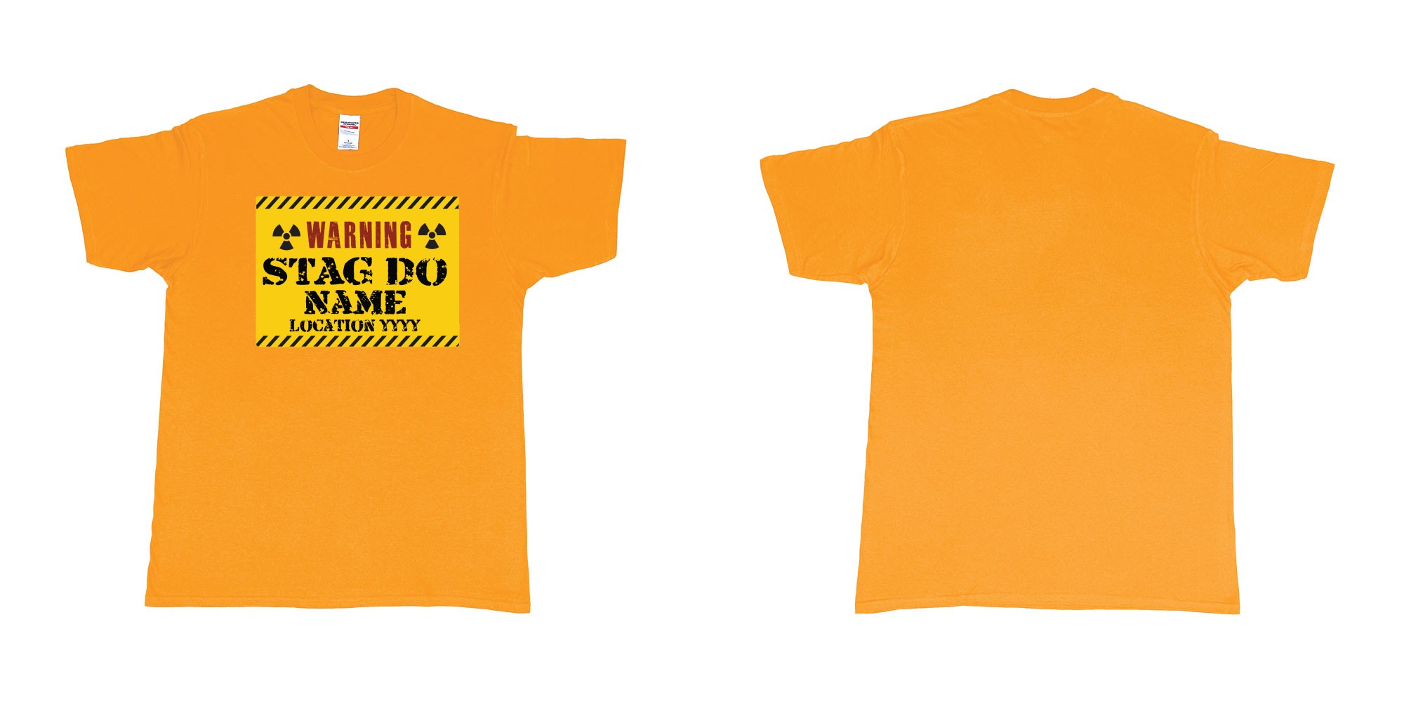 Custom tshirt design Warning Stag Do Location in fabric color gold choice your own text made in Bali by The Pirate Way