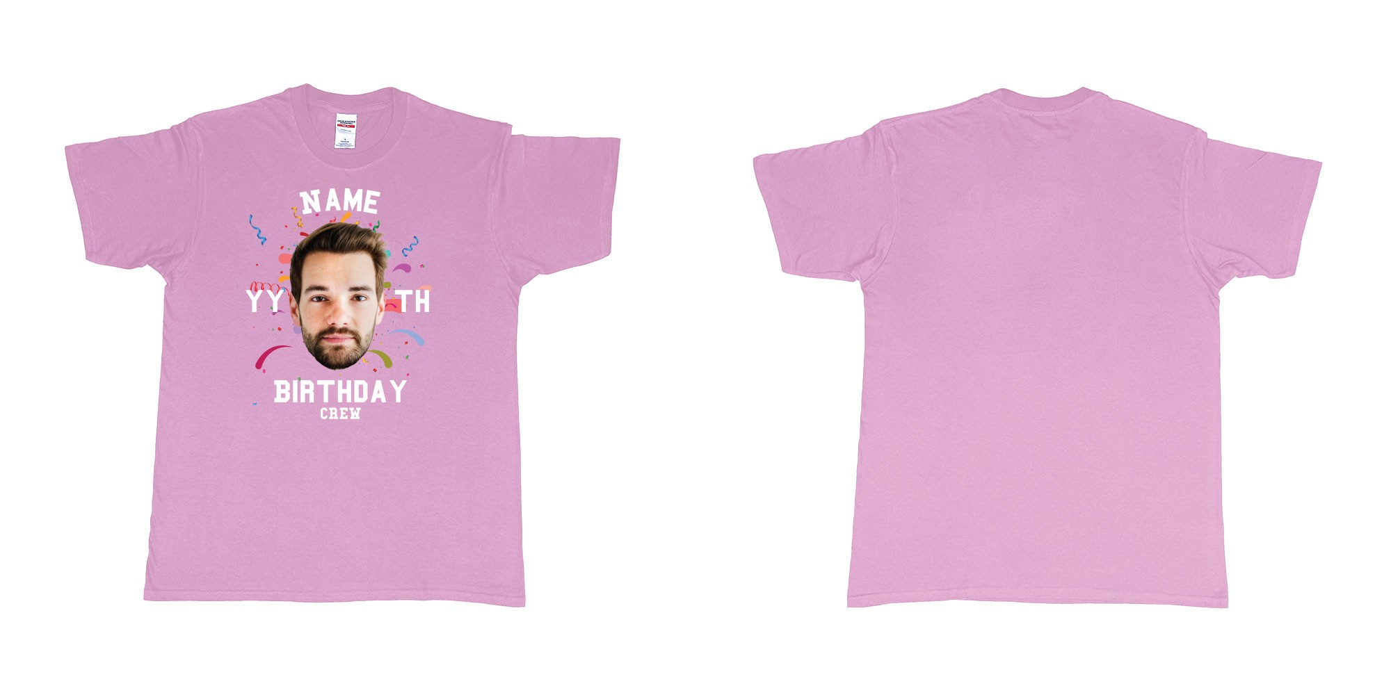 Custom tshirt design add own picture custom face confetti name year th birthday bash crew bali tshirt print in fabric color light-pink choice your own text made in Bali by The Pirate Way