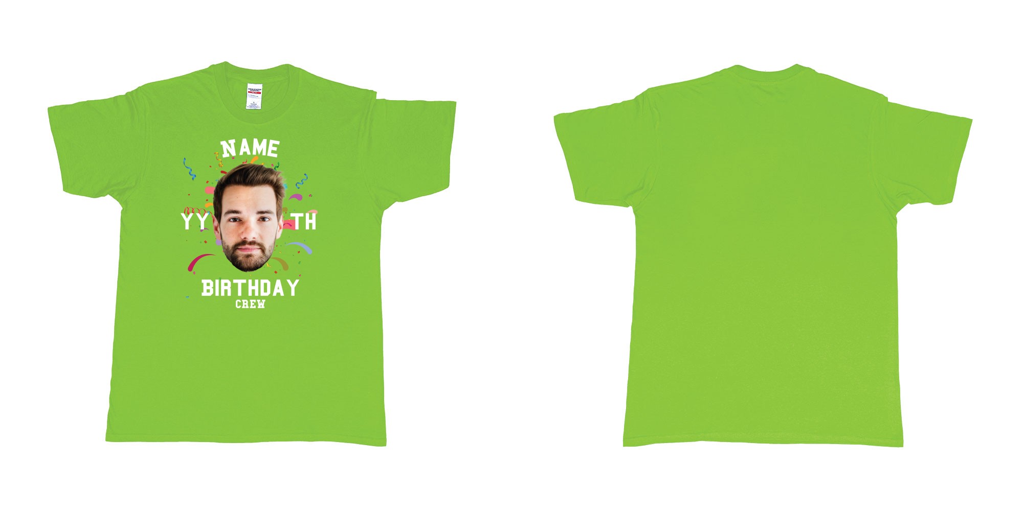 Custom tshirt design add own picture custom face confetti name year th birthday bash crew bali tshirt print in fabric color lime choice your own text made in Bali by The Pirate Way