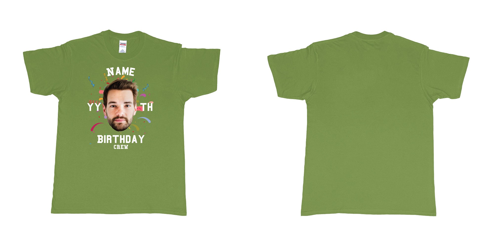Custom tshirt design add own picture custom face confetti name year th birthday bash crew bali tshirt print in fabric color military-green choice your own text made in Bali by The Pirate Way