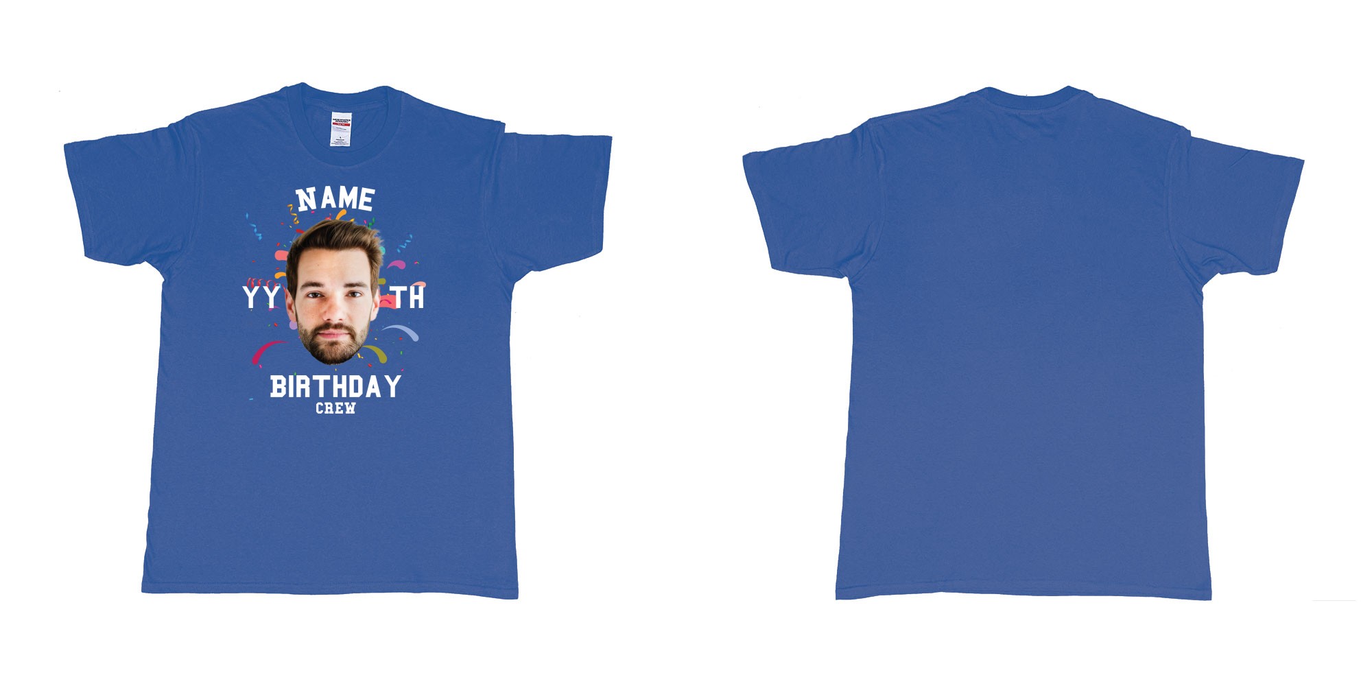 Custom tshirt design add own picture custom face confetti name year th birthday bash crew bali tshirt print in fabric color royal-blue choice your own text made in Bali by The Pirate Way