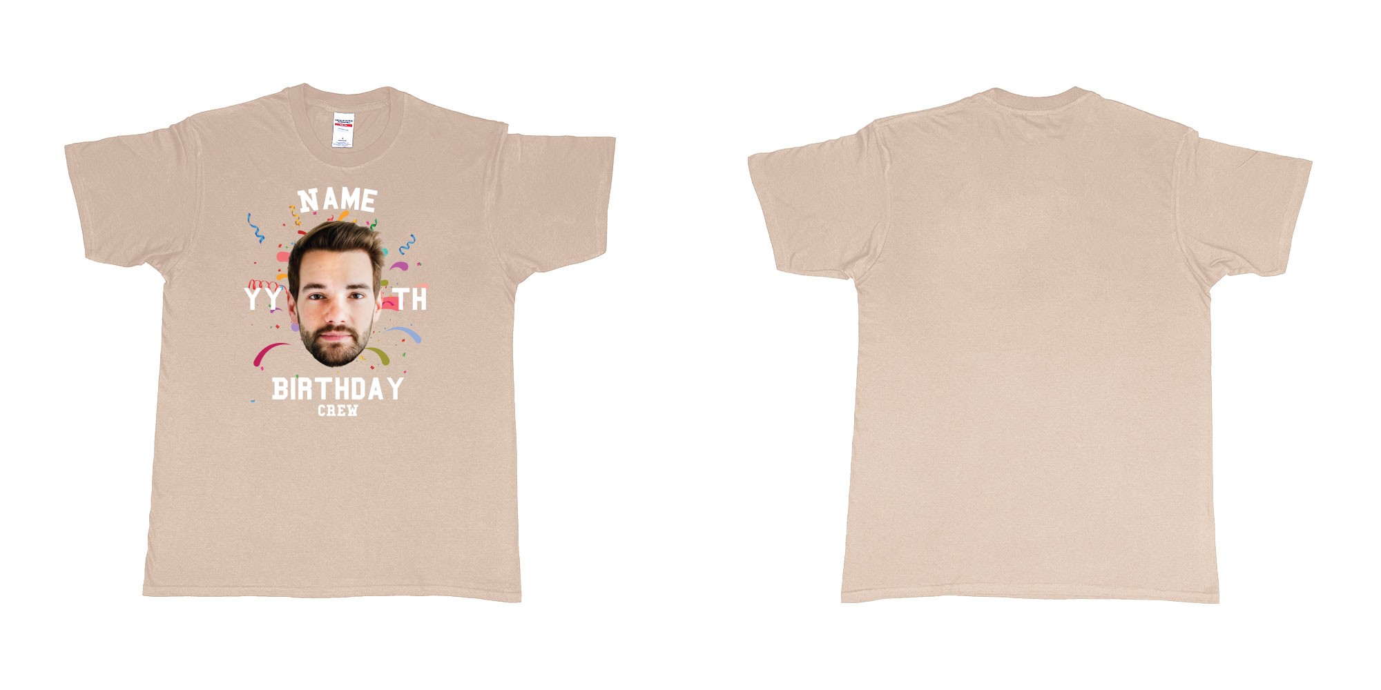 Custom tshirt design add own picture custom face confetti name year th birthday bash crew bali tshirt print in fabric color sand choice your own text made in Bali by The Pirate Way