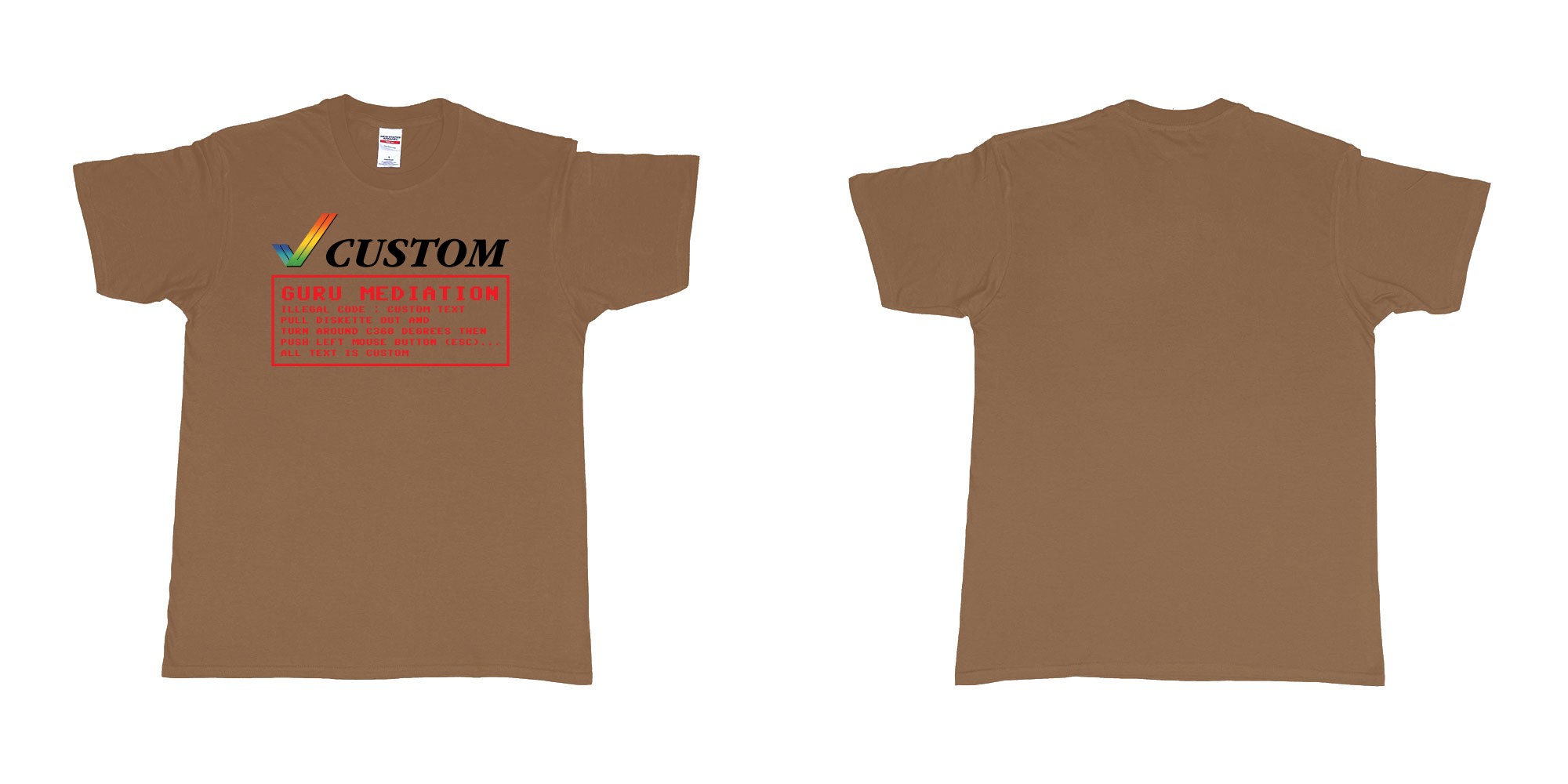 Custom tshirt design amiga guru mediation logo all custom text print in fabric color chestnut choice your own text made in Bali by The Pirate Way