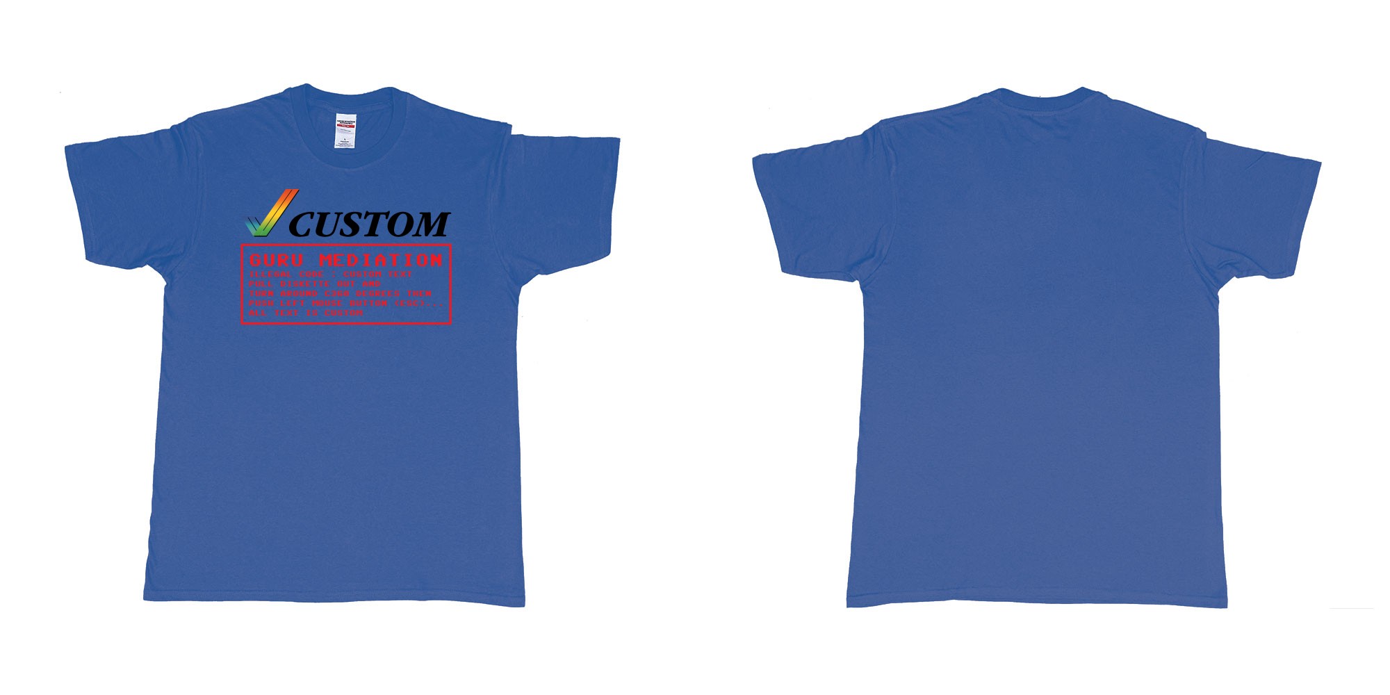 Custom tshirt design amiga guru mediation logo all custom text print in fabric color royal-blue choice your own text made in Bali by The Pirate Way