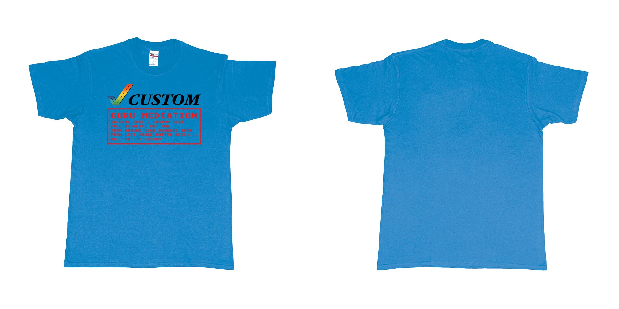 Custom tshirt design amiga guru mediation logo all custom text print in fabric color sapphire choice your own text made in Bali by The Pirate Way