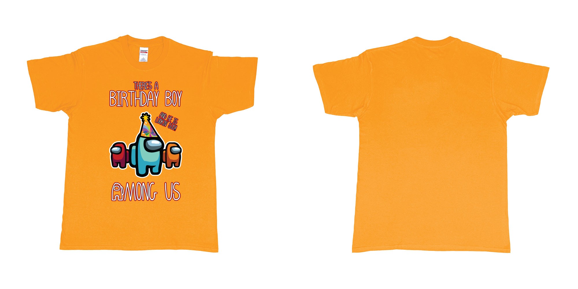 Custom tshirt design among us birthday boy impostor trust no one custom text print tshirt in fabric color gold choice your own text made in Bali by The Pirate Way