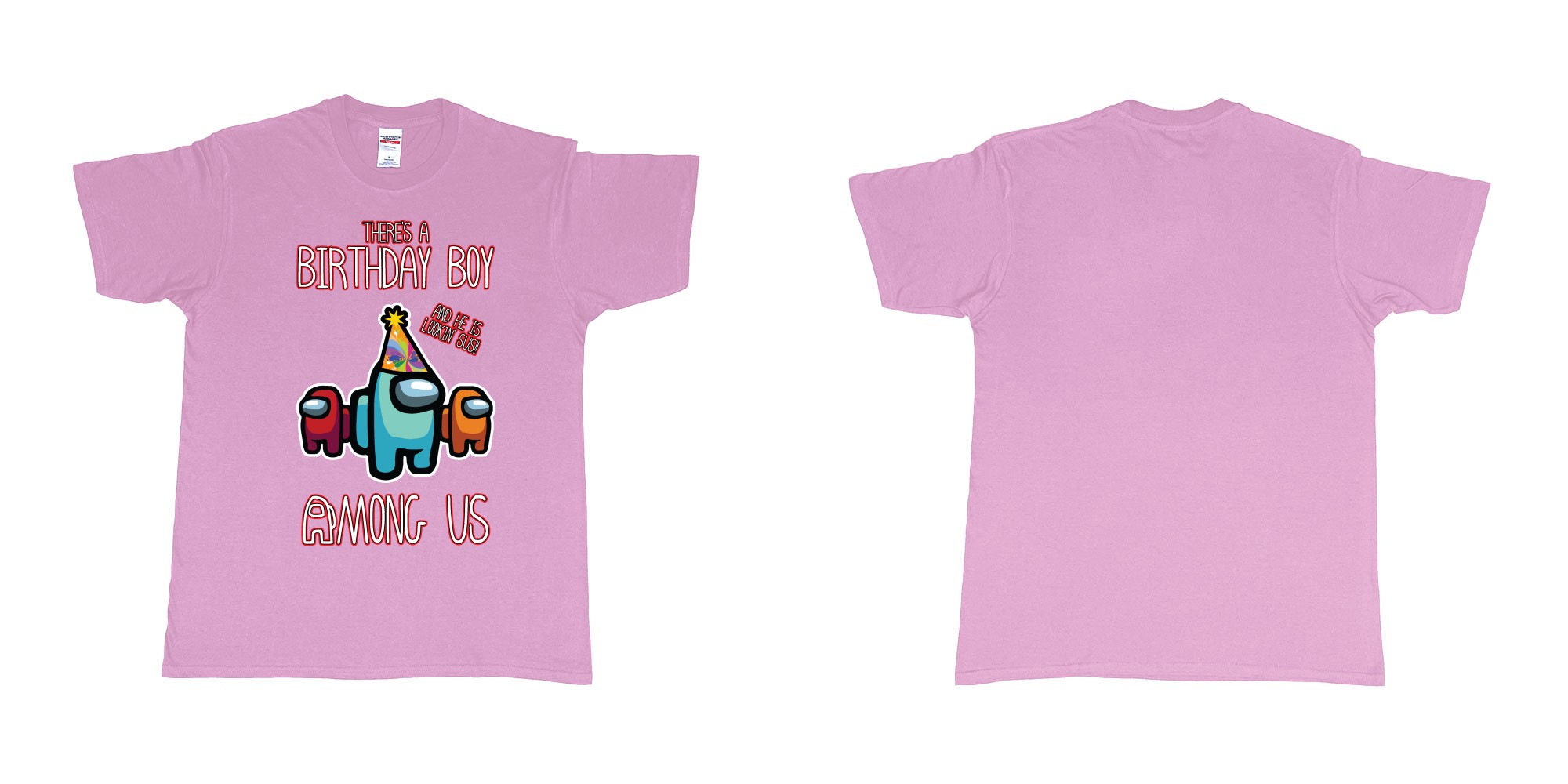 Custom tshirt design among us birthday boy impostor trust no one custom text print tshirt in fabric color light-pink choice your own text made in Bali by The Pirate Way