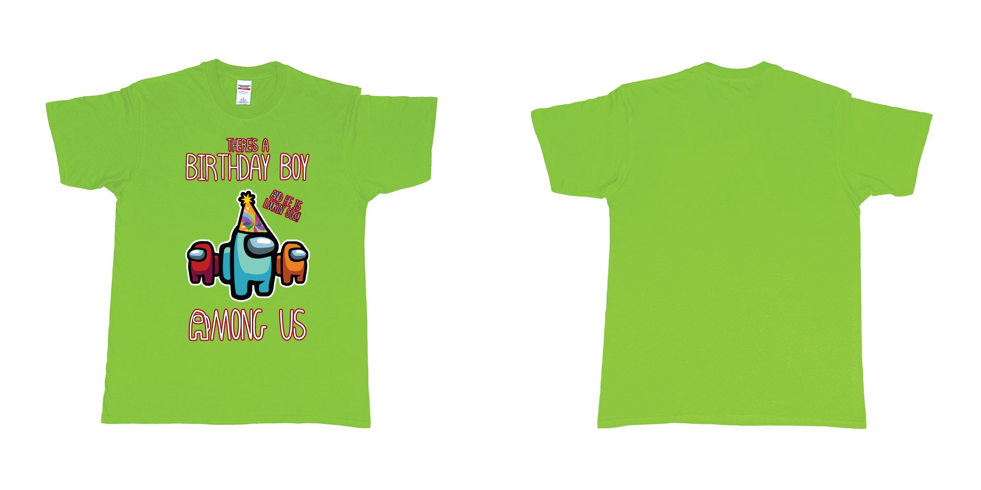 Custom tshirt design among us birthday boy impostor trust no one custom text print tshirt in fabric color lime choice your own text made in Bali by The Pirate Way