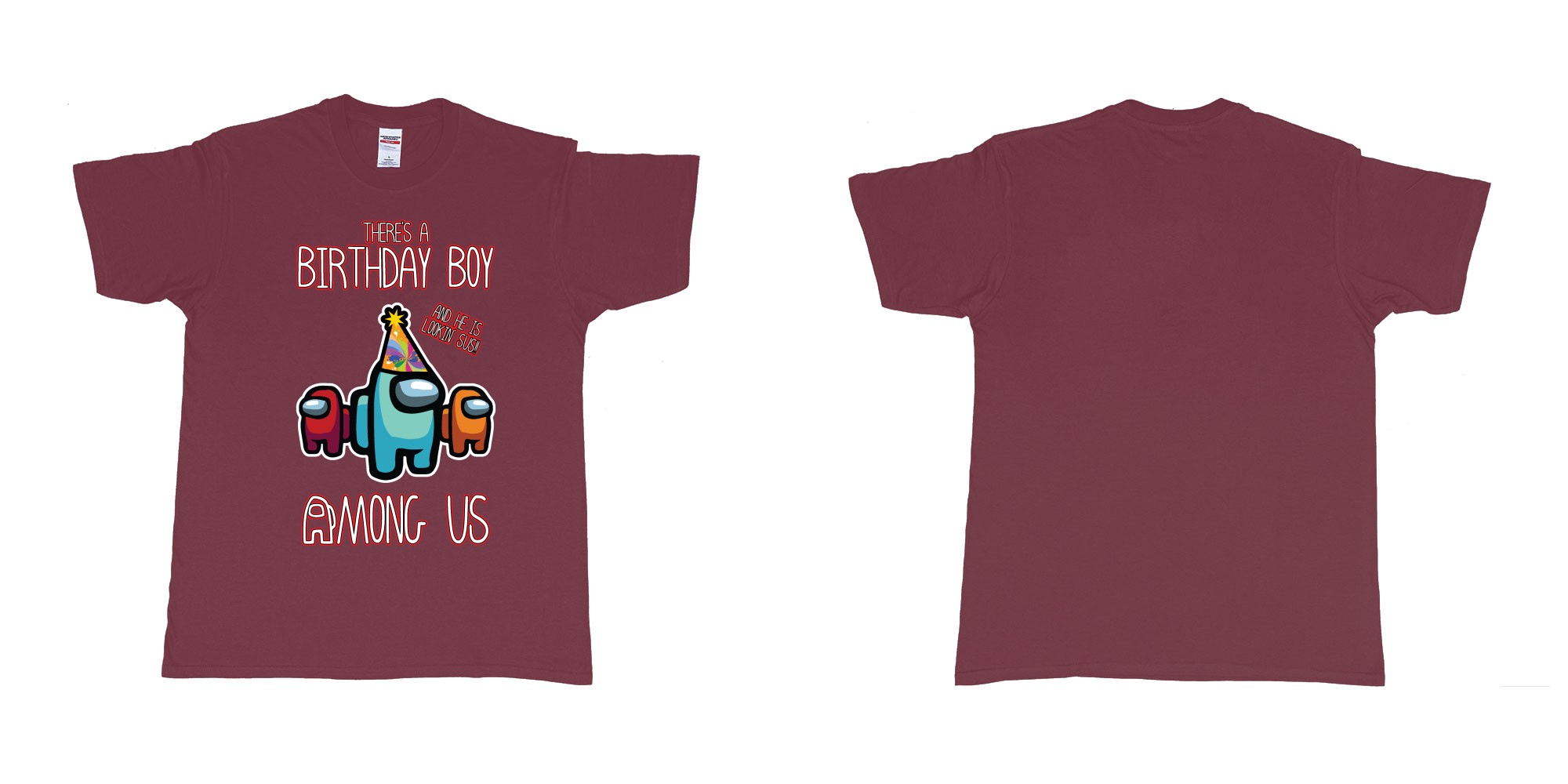 Custom tshirt design among us birthday boy impostor trust no one custom text print tshirt in fabric color marron choice your own text made in Bali by The Pirate Way