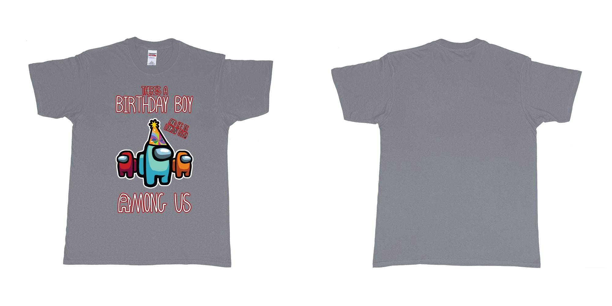 Custom tshirt design among us birthday boy impostor trust no one custom text print tshirt in fabric color misty choice your own text made in Bali by The Pirate Way