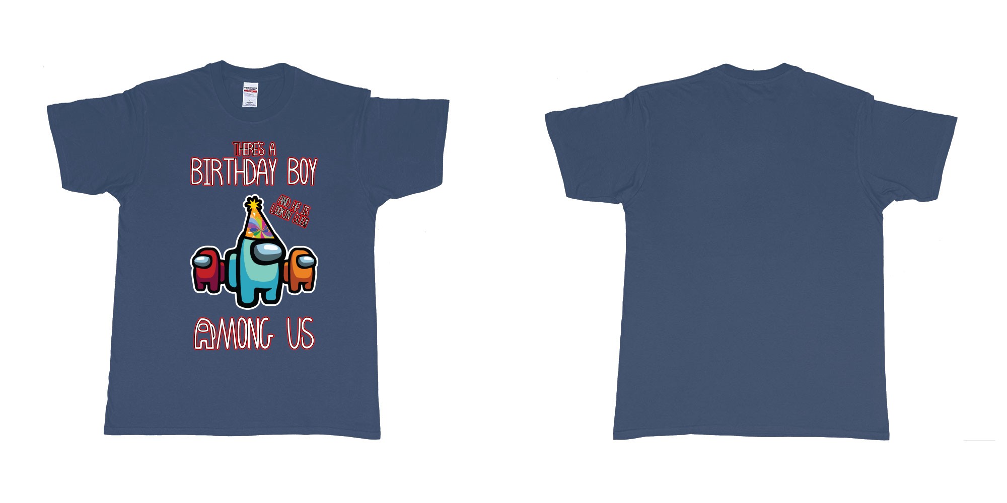 Custom tshirt design among us birthday boy impostor trust no one custom text print tshirt in fabric color navy choice your own text made in Bali by The Pirate Way