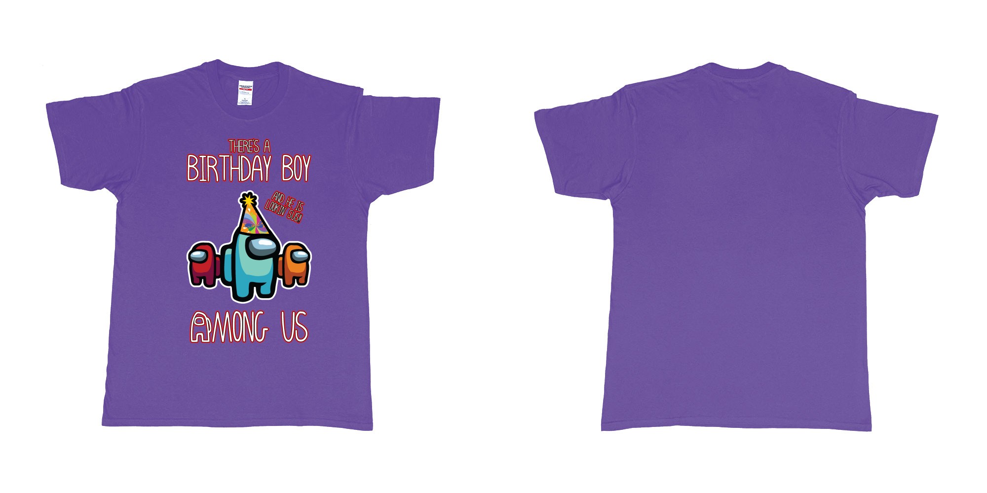 Custom tshirt design among us birthday boy impostor trust no one custom text print tshirt in fabric color purple choice your own text made in Bali by The Pirate Way