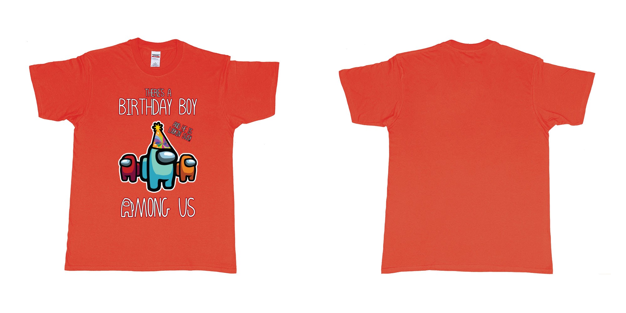 Custom tshirt design among us birthday boy impostor trust no one custom text print tshirt in fabric color red choice your own text made in Bali by The Pirate Way
