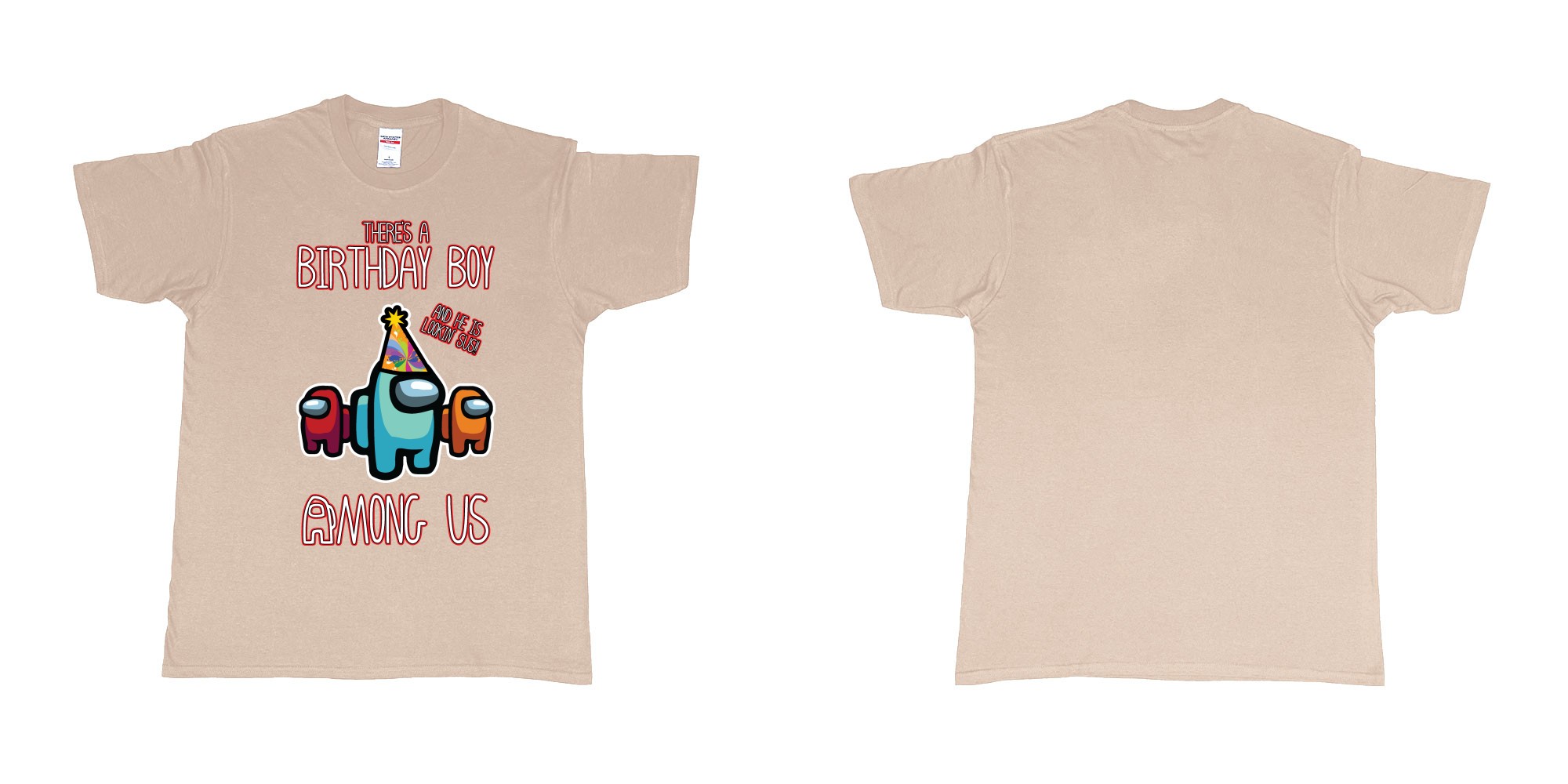 Custom tshirt design among us birthday boy impostor trust no one custom text print tshirt in fabric color sand choice your own text made in Bali by The Pirate Way