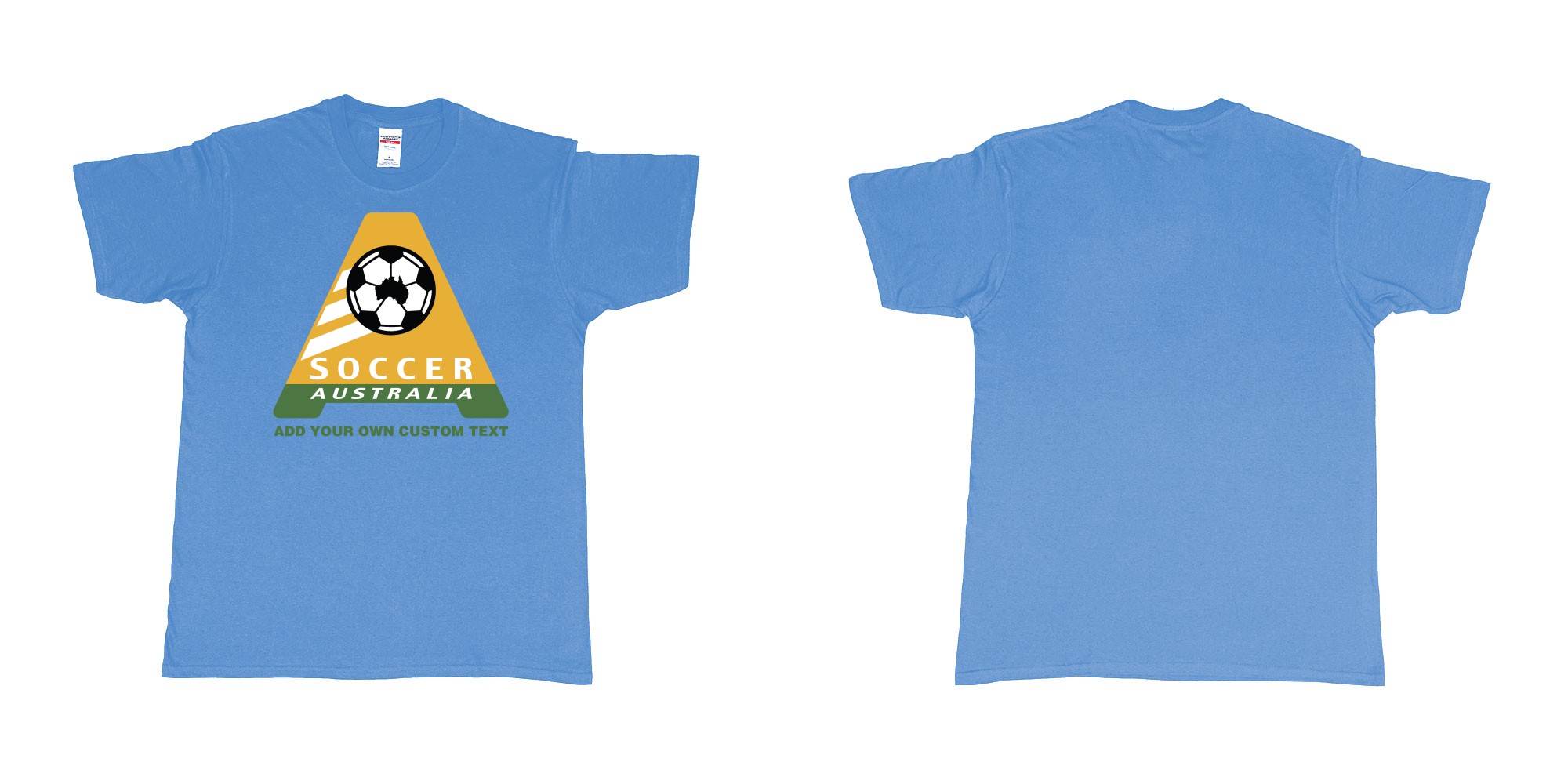 Custom tshirt design australia soccer football australian flag add custom text print bali in fabric color carolina-blue choice your own text made in Bali by The Pirate Way
