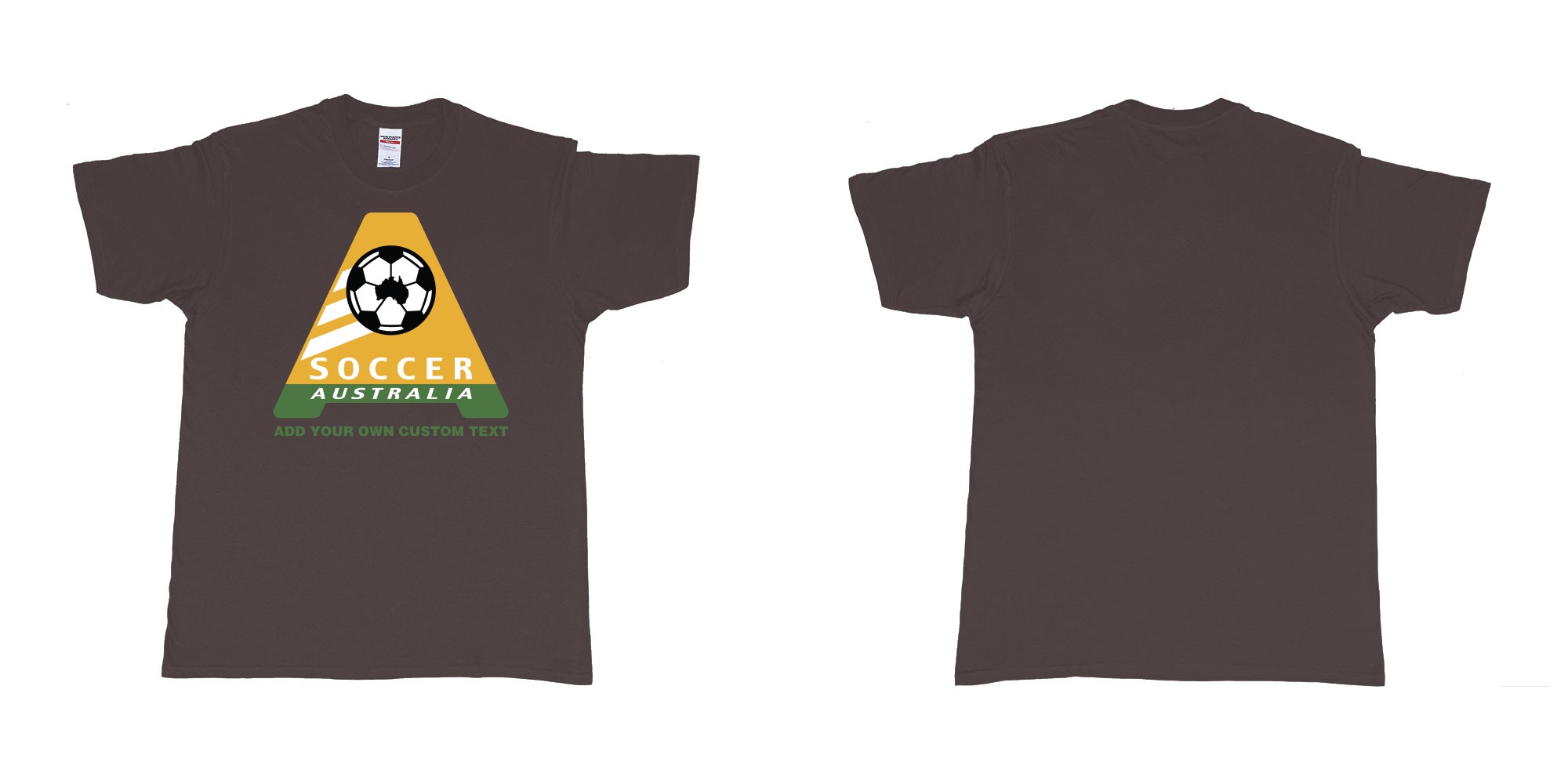 Custom tshirt design australia soccer football australian flag add custom text print bali in fabric color dark-chocolate choice your own text made in Bali by The Pirate Way