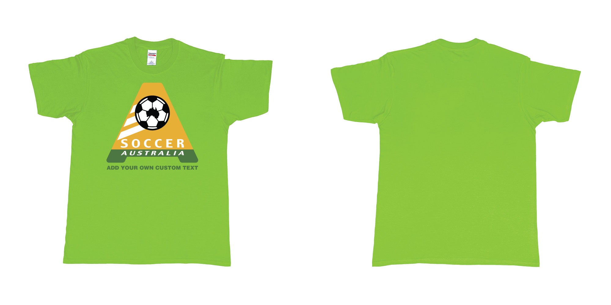 Custom tshirt design australia soccer football australian flag add custom text print bali in fabric color lime choice your own text made in Bali by The Pirate Way
