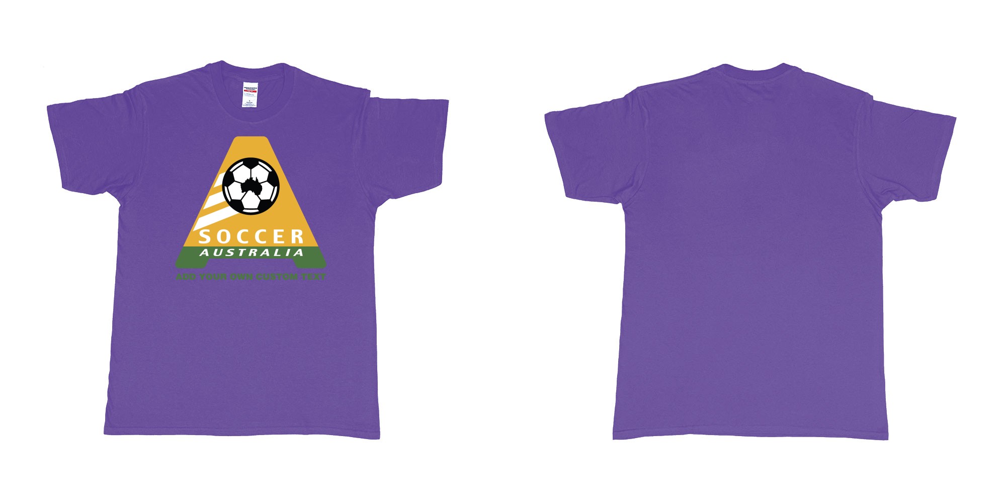 Custom tshirt design australia soccer football australian flag add custom text print bali in fabric color purple choice your own text made in Bali by The Pirate Way