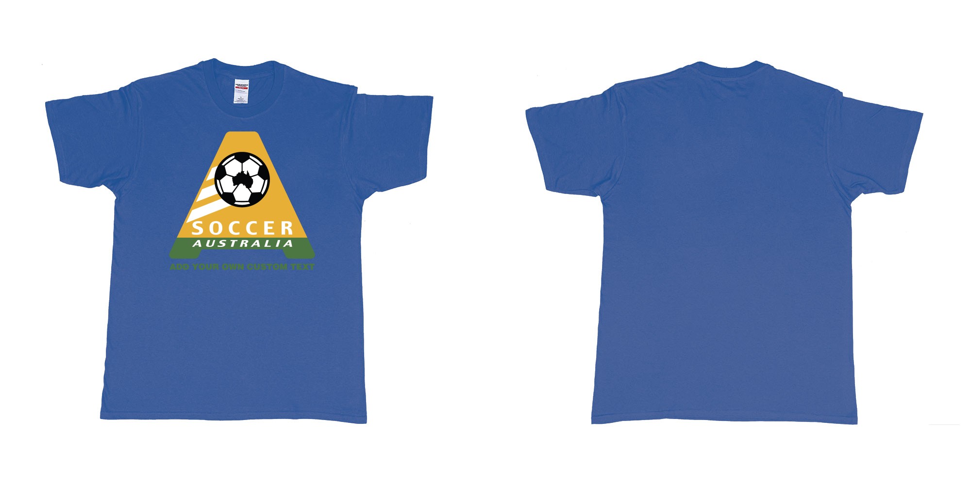 Custom tshirt design australia soccer football australian flag add custom text print bali in fabric color royal-blue choice your own text made in Bali by The Pirate Way