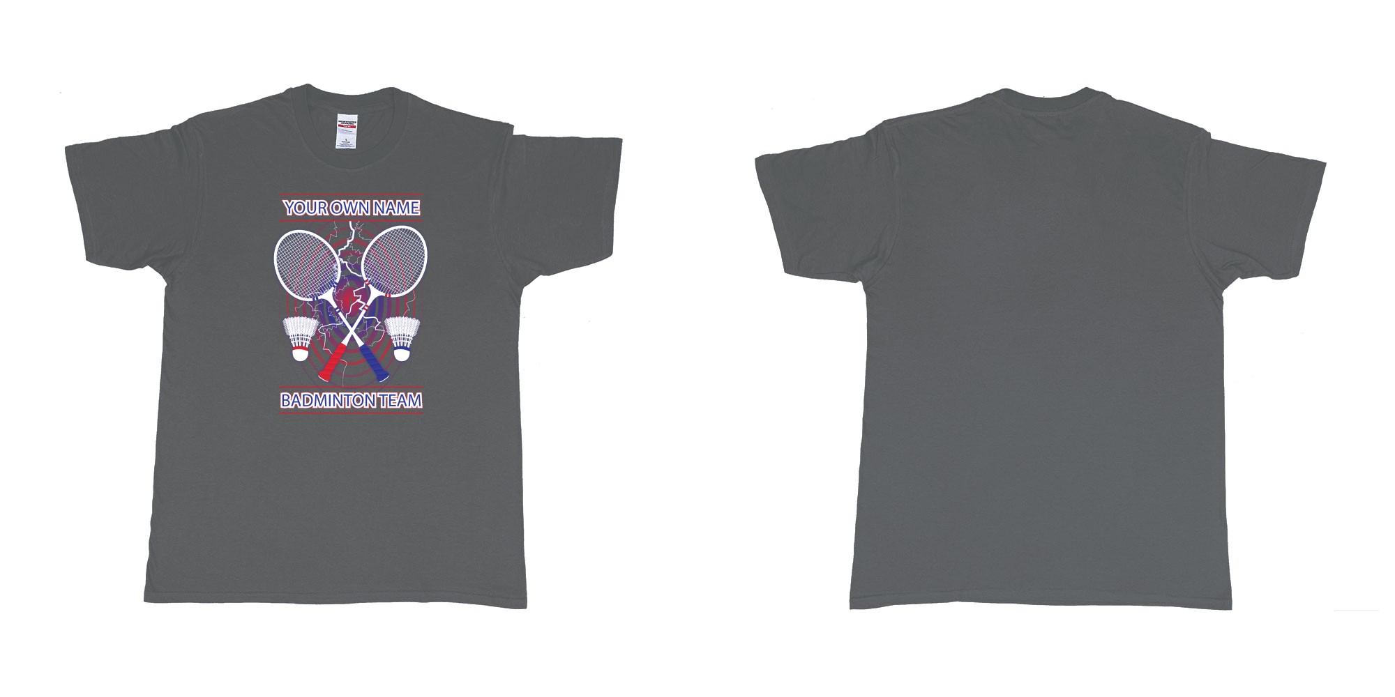 Custom tshirt design badminton t shirt own custom team name bali in fabric color charcoal choice your own text made in Bali by The Pirate Way