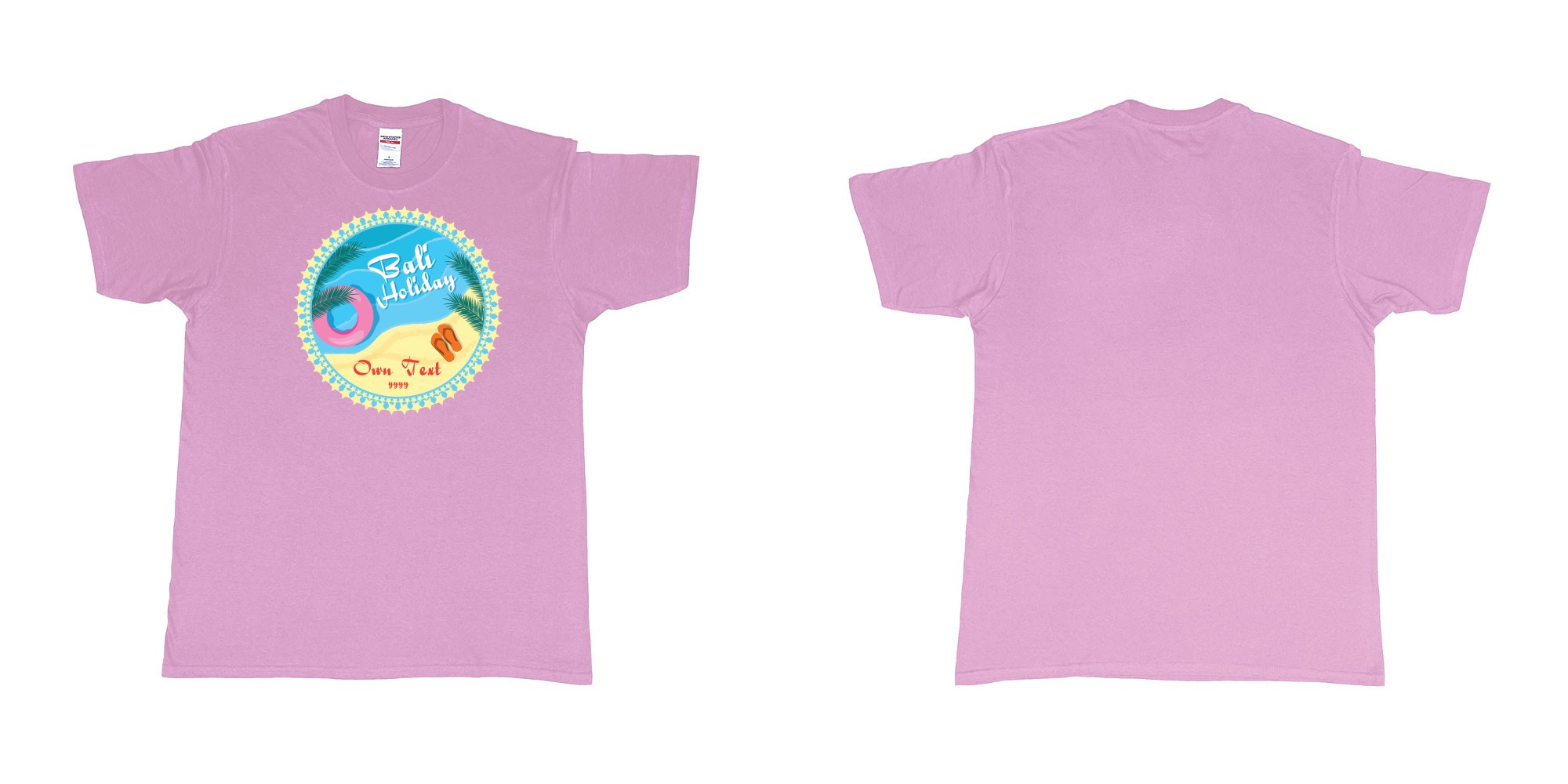 Custom tshirt design bali holiday own text year beach sandals palm leafs custom print in fabric color light-pink choice your own text made in Bali by The Pirate Way