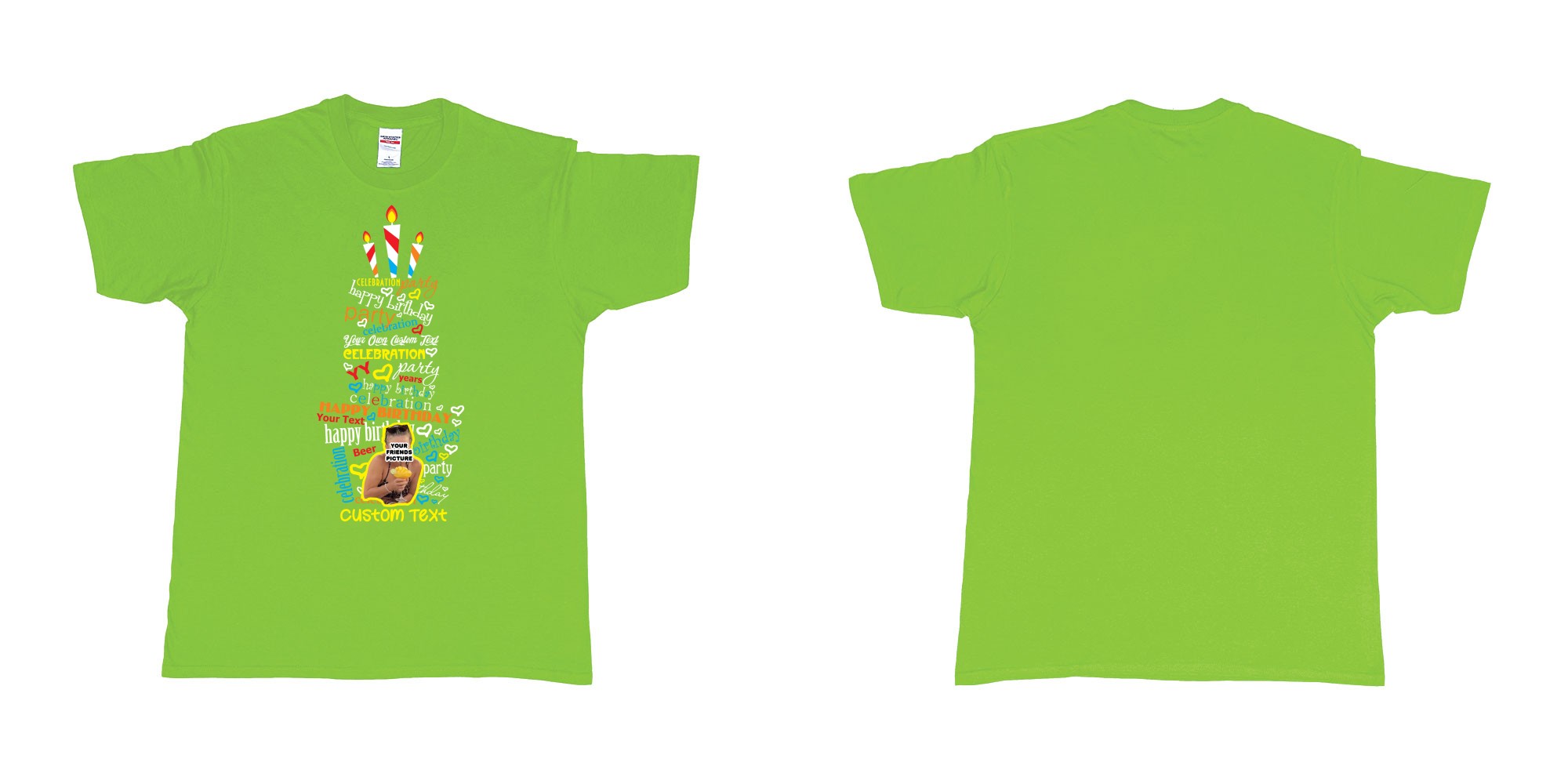 Custom tshirt design birthday cake custom words text own picture celebrate your friends birthday in bali in fabric color lime choice your own text made in Bali by The Pirate Way