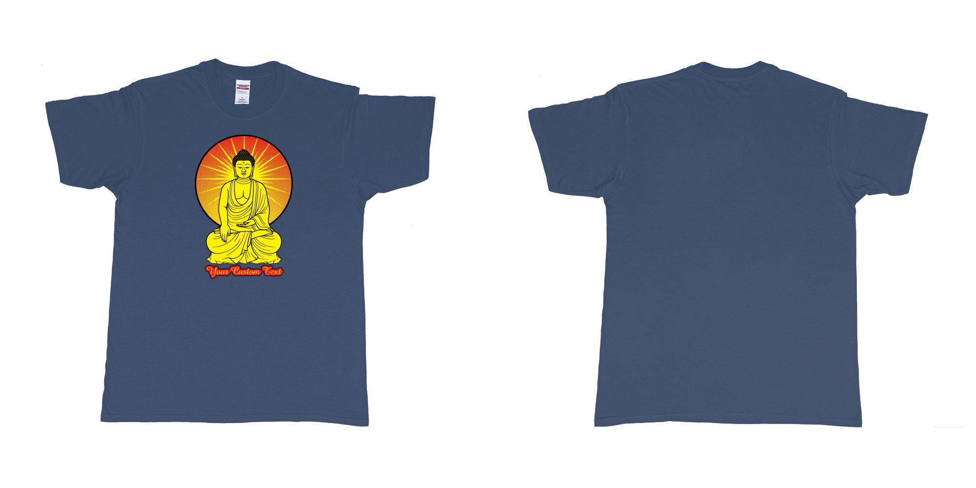 Custom tshirt design buddha sitting sunset light custom text yoga in fabric color navy choice your own text made in Bali by The Pirate Way