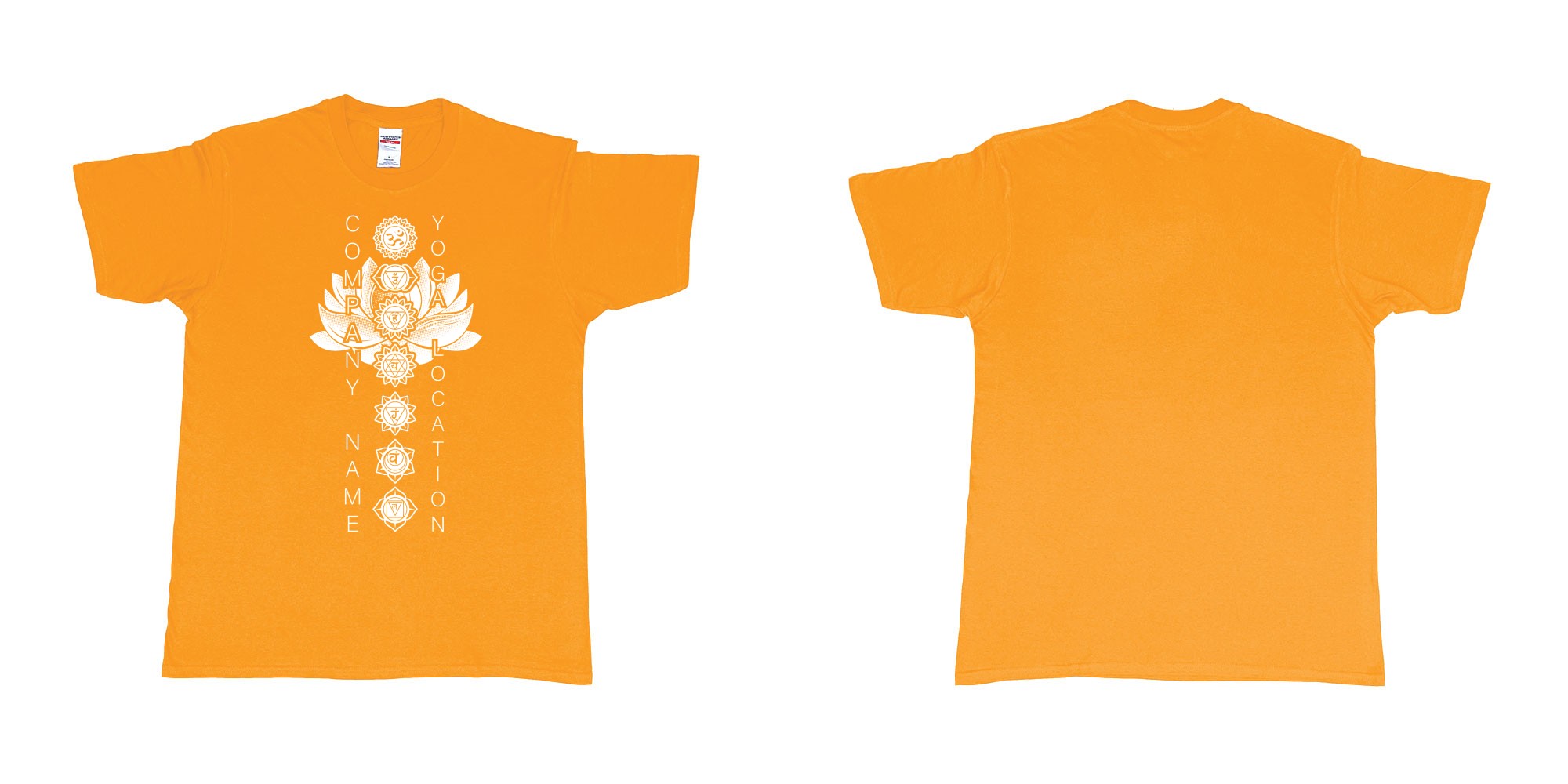 Custom tshirt design chakras single color yoga hindi symbols for custom tshirt printing in fabric color gold choice your own text made in Bali by The Pirate Way