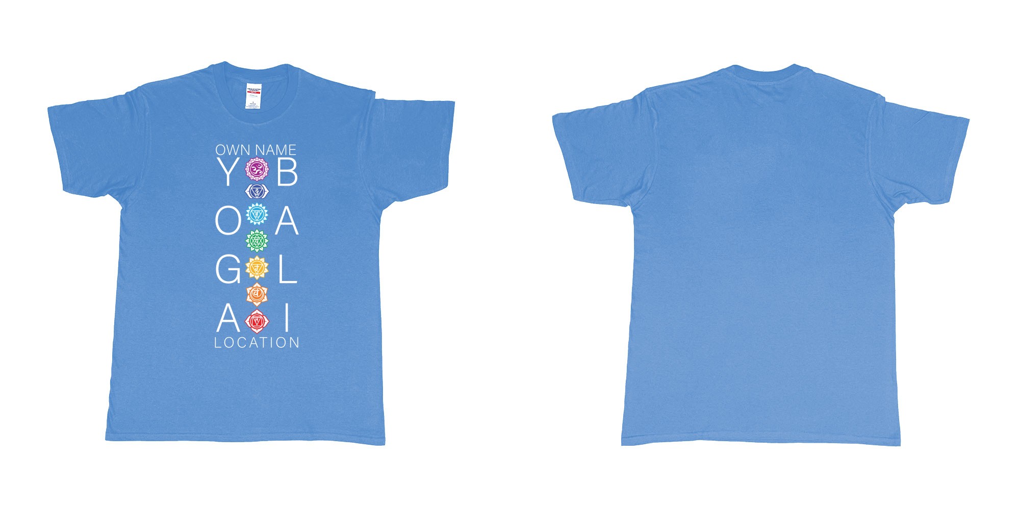 Custom tshirt design chakras yoga hindi symbols for custom printing bali in fabric color carolina-blue choice your own text made in Bali by The Pirate Way