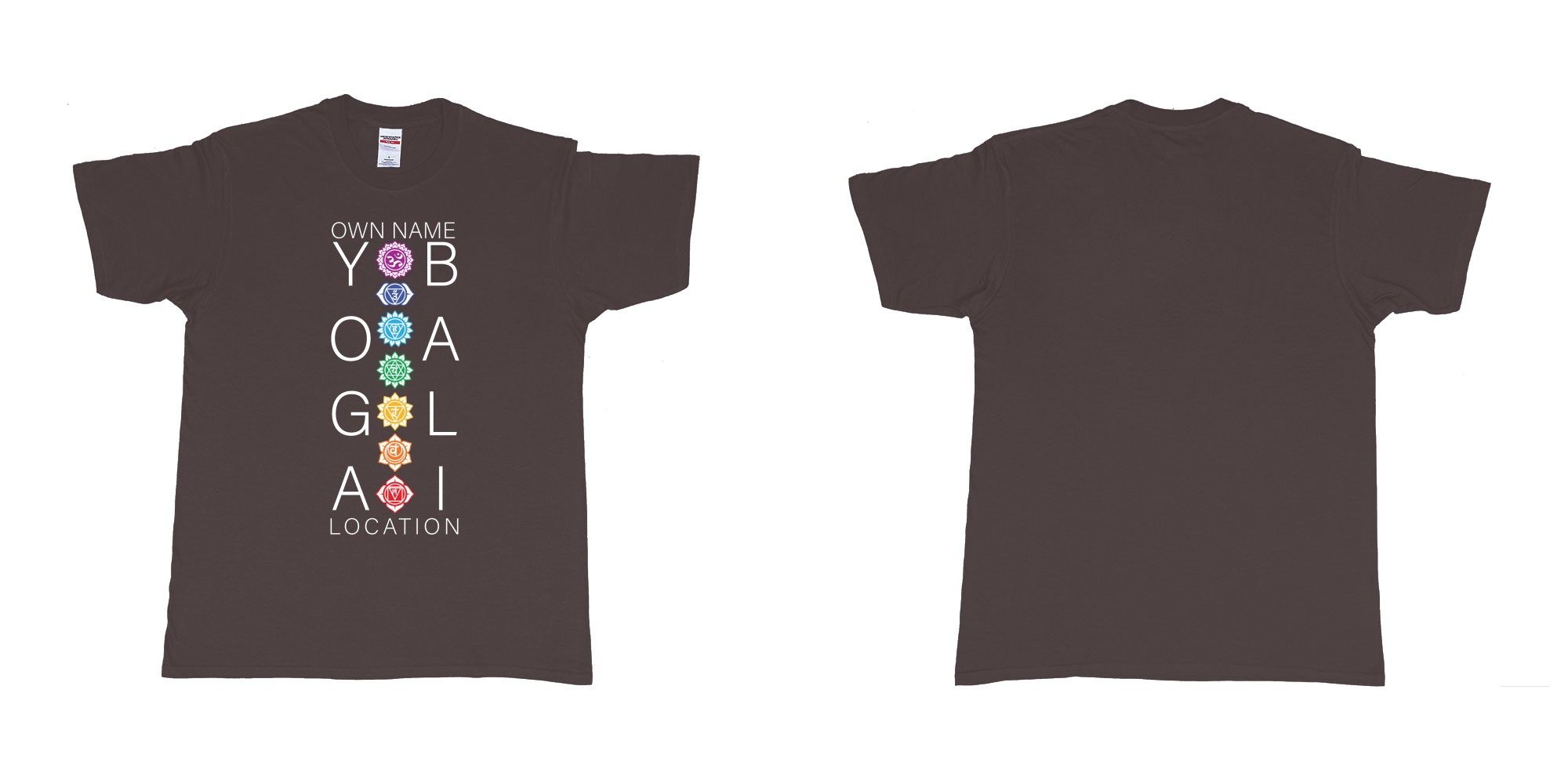 Custom tshirt design chakras yoga hindi symbols for custom printing bali in fabric color dark-chocolate choice your own text made in Bali by The Pirate Way
