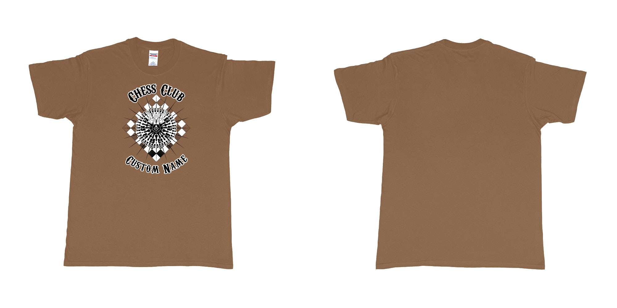 Custom tshirt design chess club mandala in fabric color chestnut choice your own text made in Bali by The Pirate Way