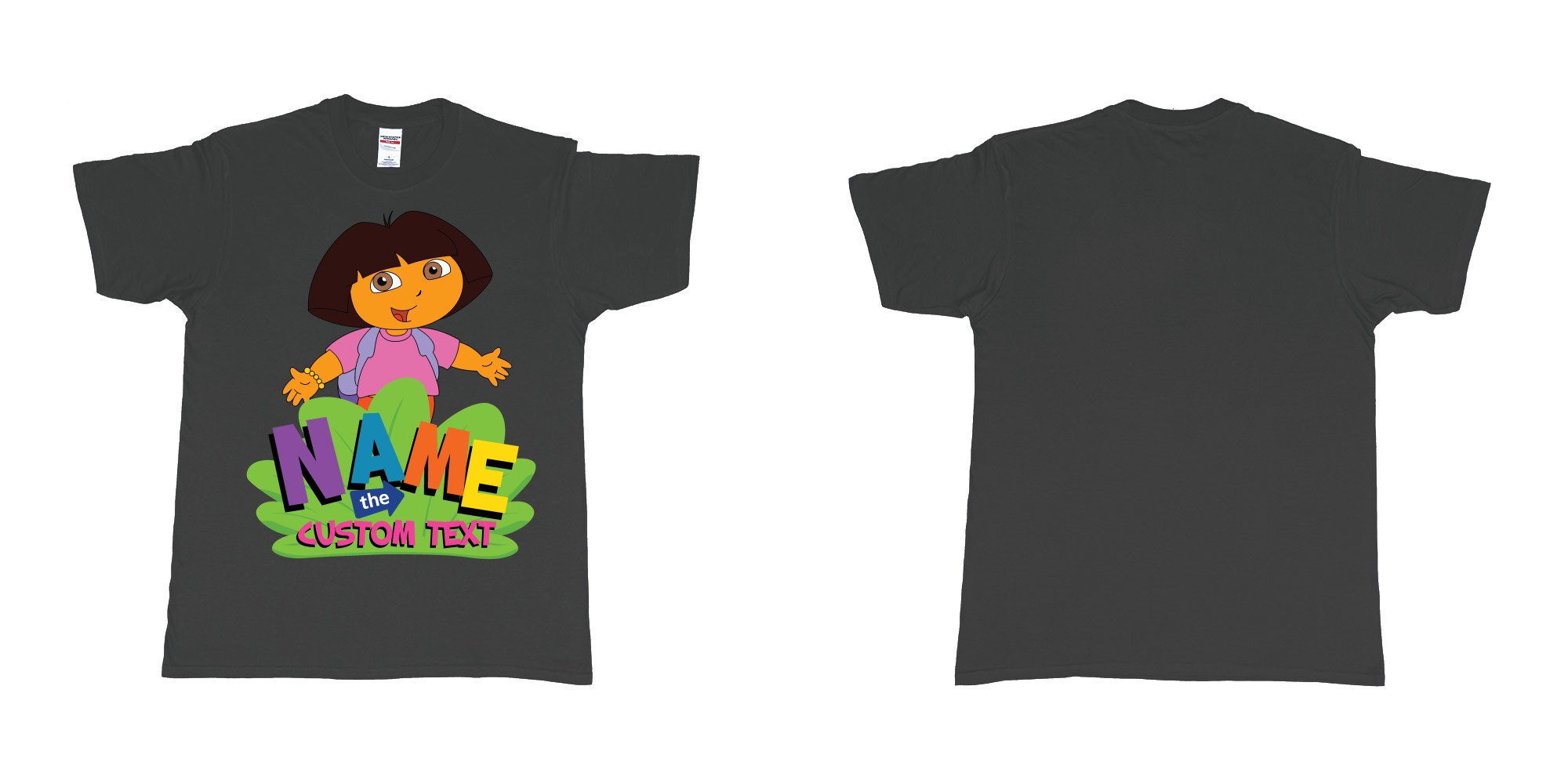 Custom tshirt design dora the explorer giving hug custom name and text design in fabric color black choice your own text made in Bali by The Pirate Way