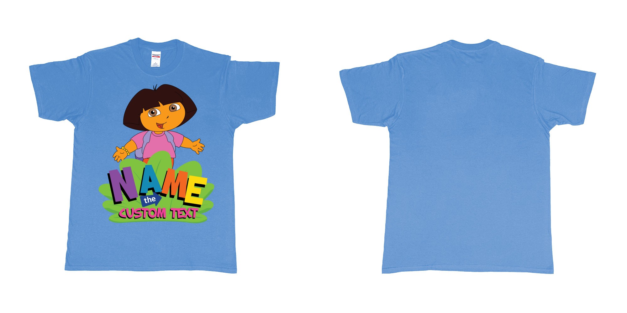 Custom tshirt design dora the explorer giving hug custom name and text design in fabric color carolina-blue choice your own text made in Bali by The Pirate Way