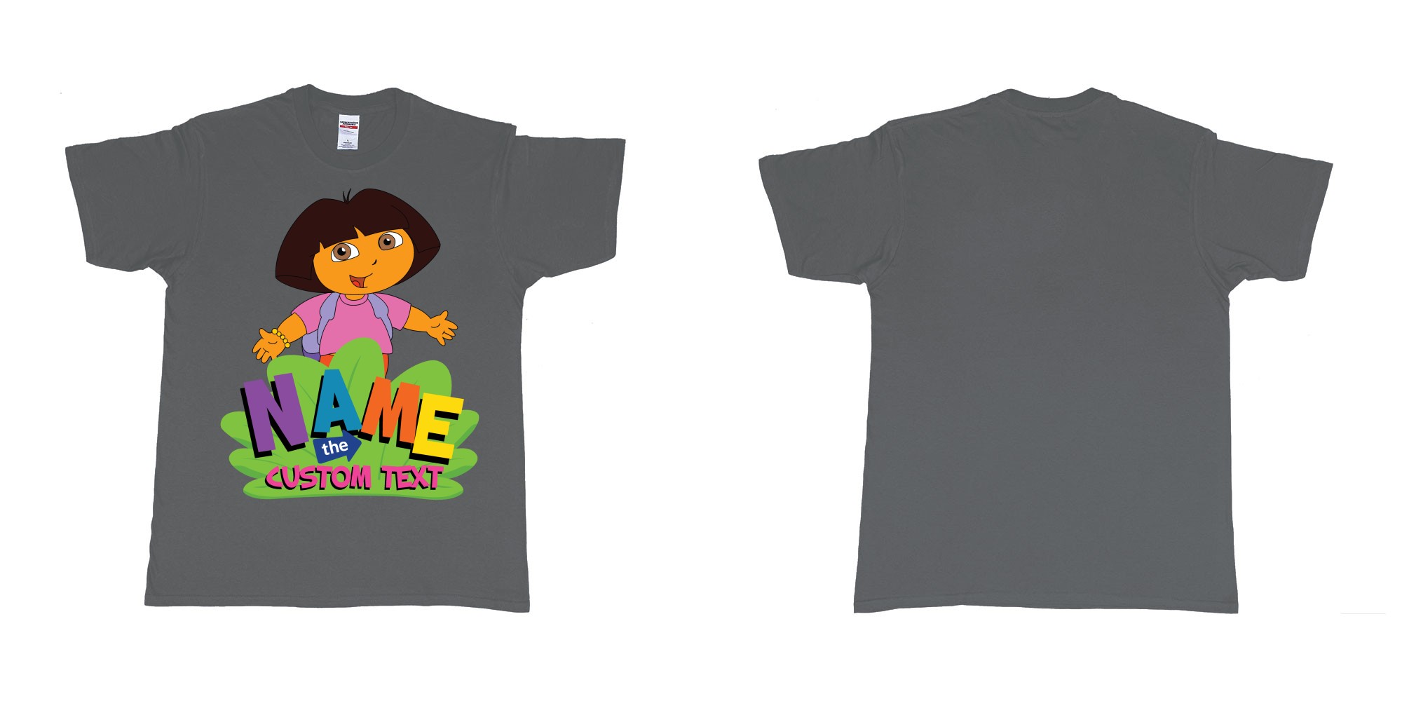 Custom tshirt design dora the explorer giving hug custom name and text design in fabric color charcoal choice your own text made in Bali by The Pirate Way