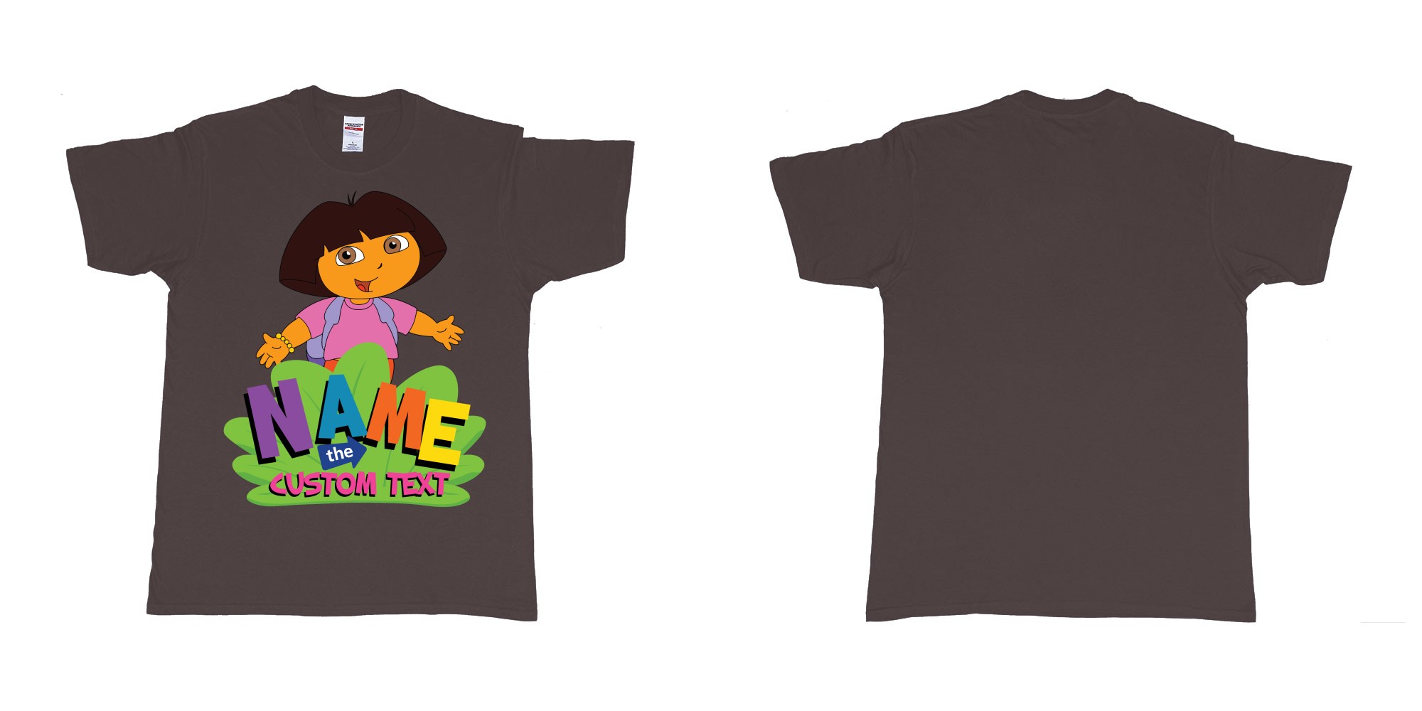 Custom tshirt design dora the explorer giving hug custom name and text design in fabric color dark-chocolate choice your own text made in Bali by The Pirate Way