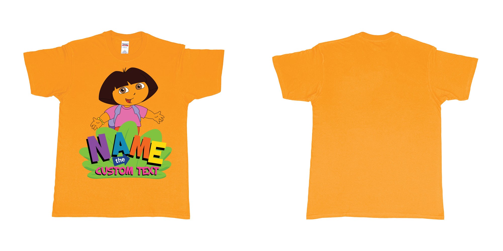 Custom tshirt design dora the explorer giving hug custom name and text design in fabric color gold choice your own text made in Bali by The Pirate Way