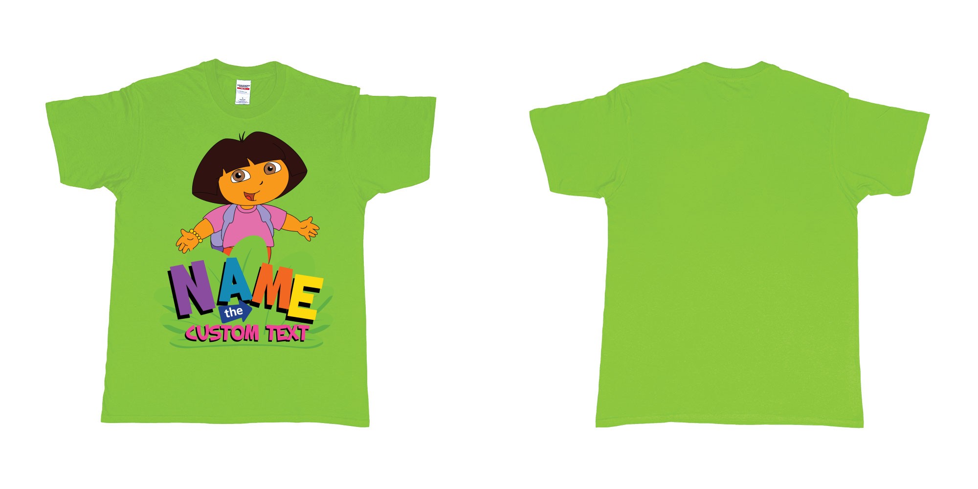 Custom tshirt design dora the explorer giving hug custom name and text design in fabric color lime choice your own text made in Bali by The Pirate Way