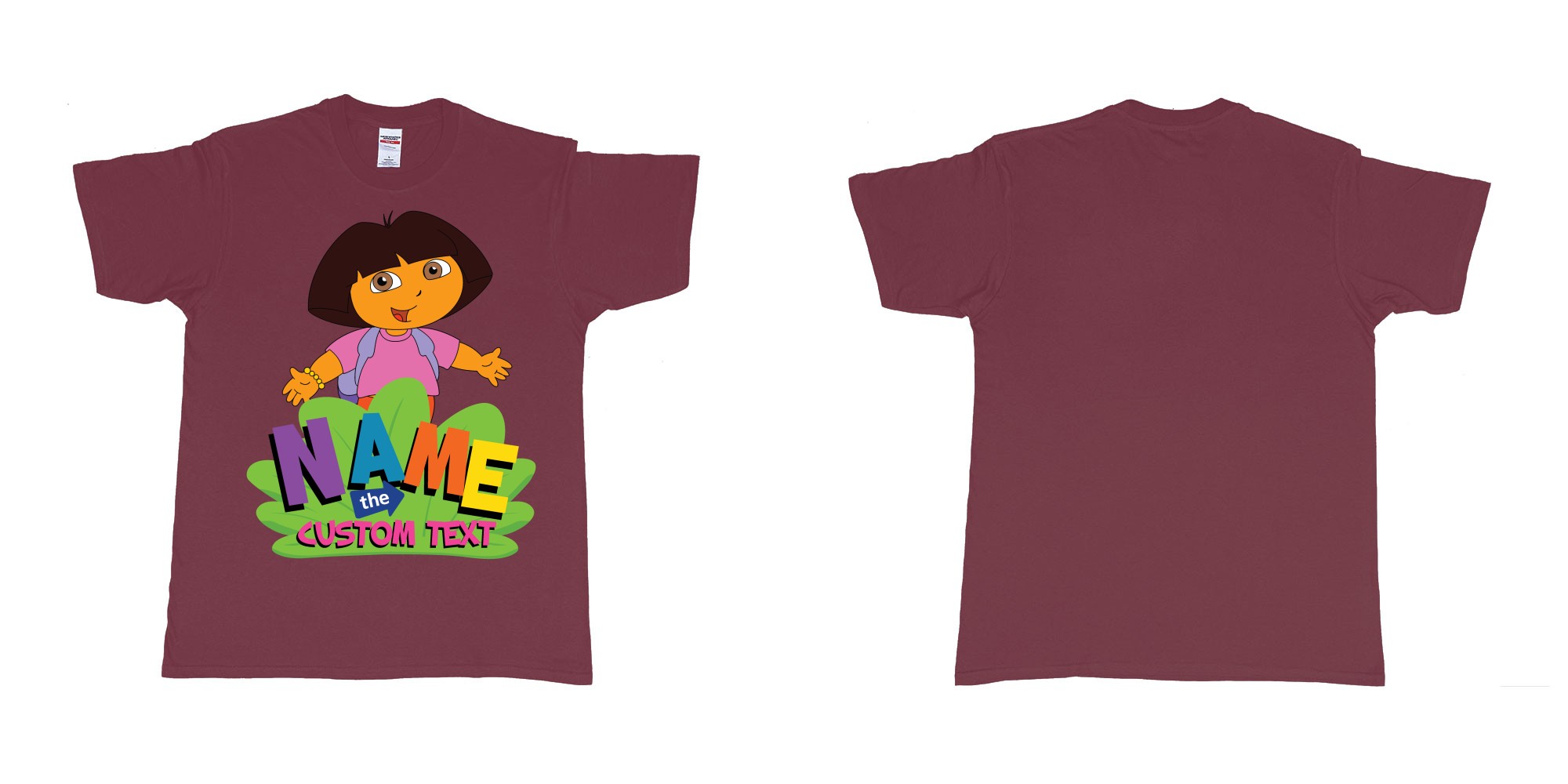 Custom tshirt design dora the explorer giving hug custom name and text design in fabric color marron choice your own text made in Bali by The Pirate Way
